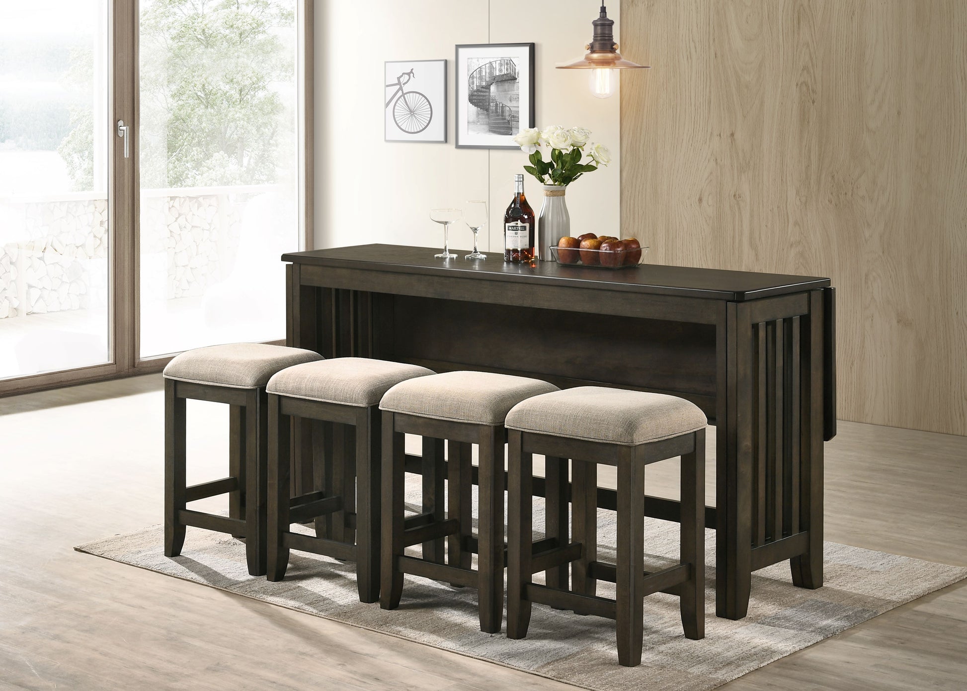 Dark wood drop leaf table with four upholstered bar stools