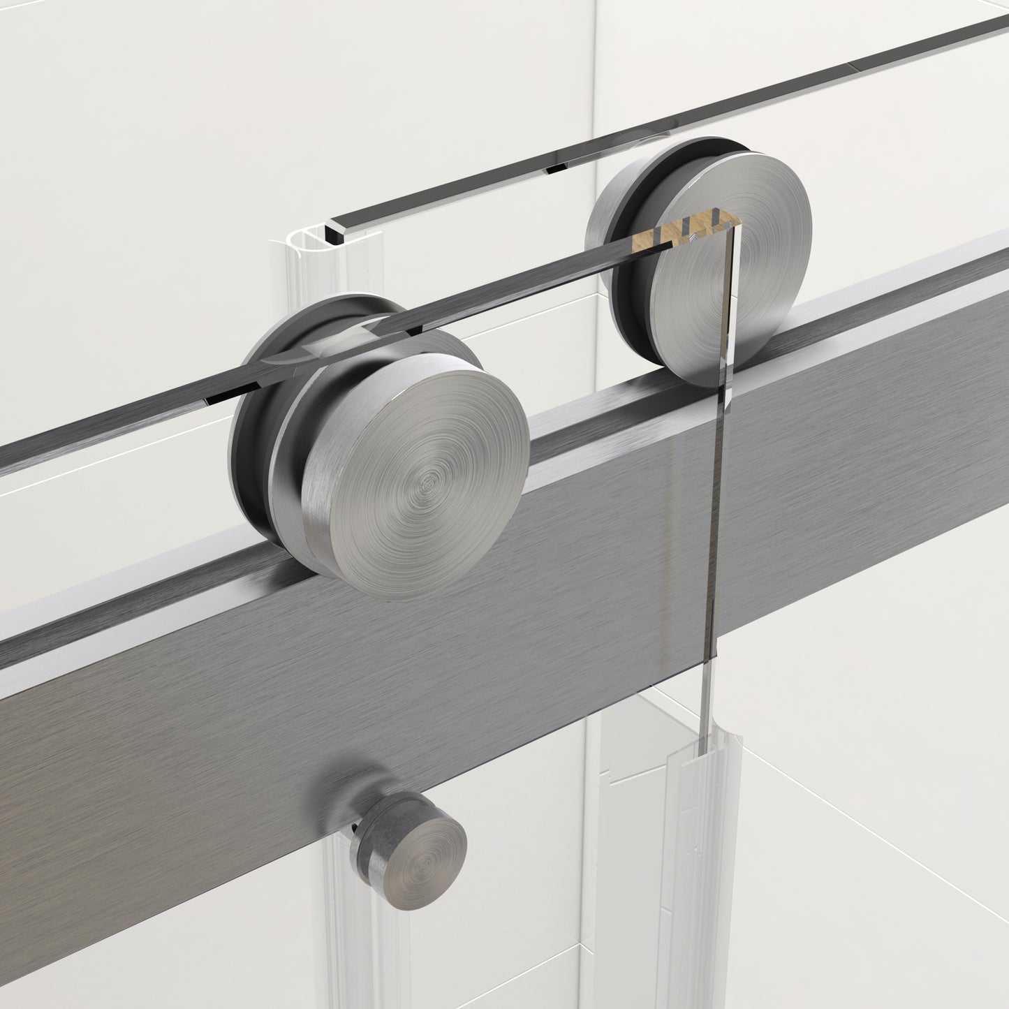 Brushed aluminum track and silver rollers for a modern shower door system