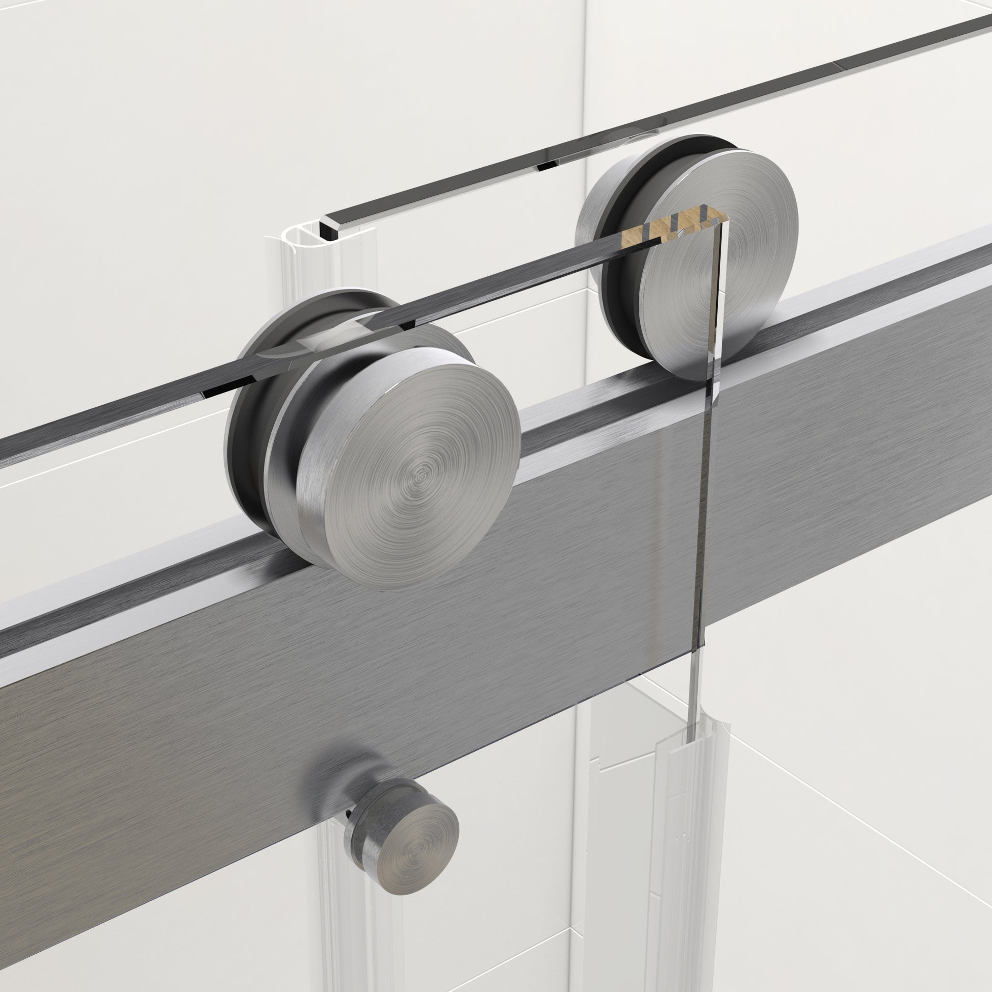 Brushed aluminum track and silver rollers for a modern shower door system