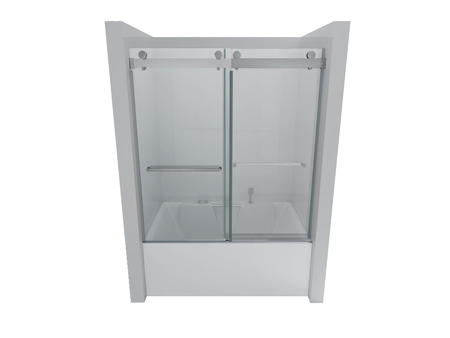Modern frameless shower door with clear glass panels and silver hardware