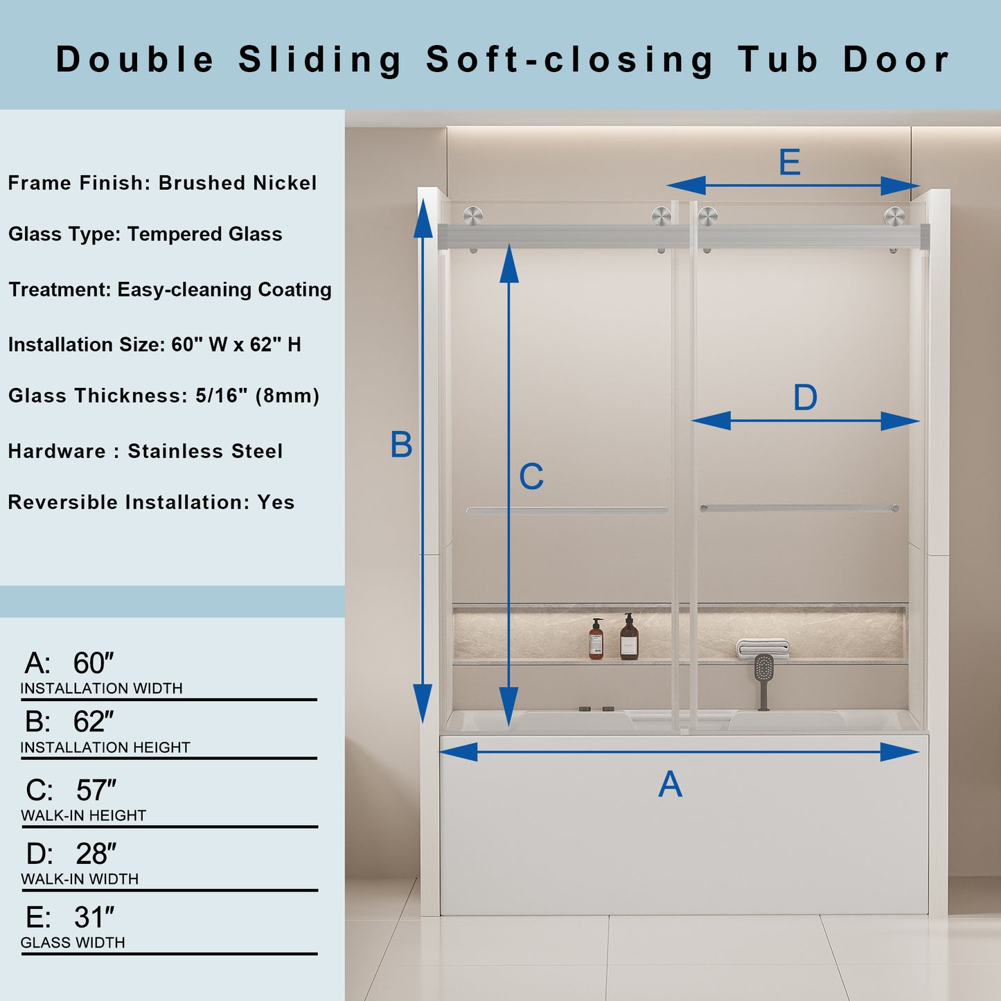 Double sliding tub door with brushed nickel frame and tempered glass