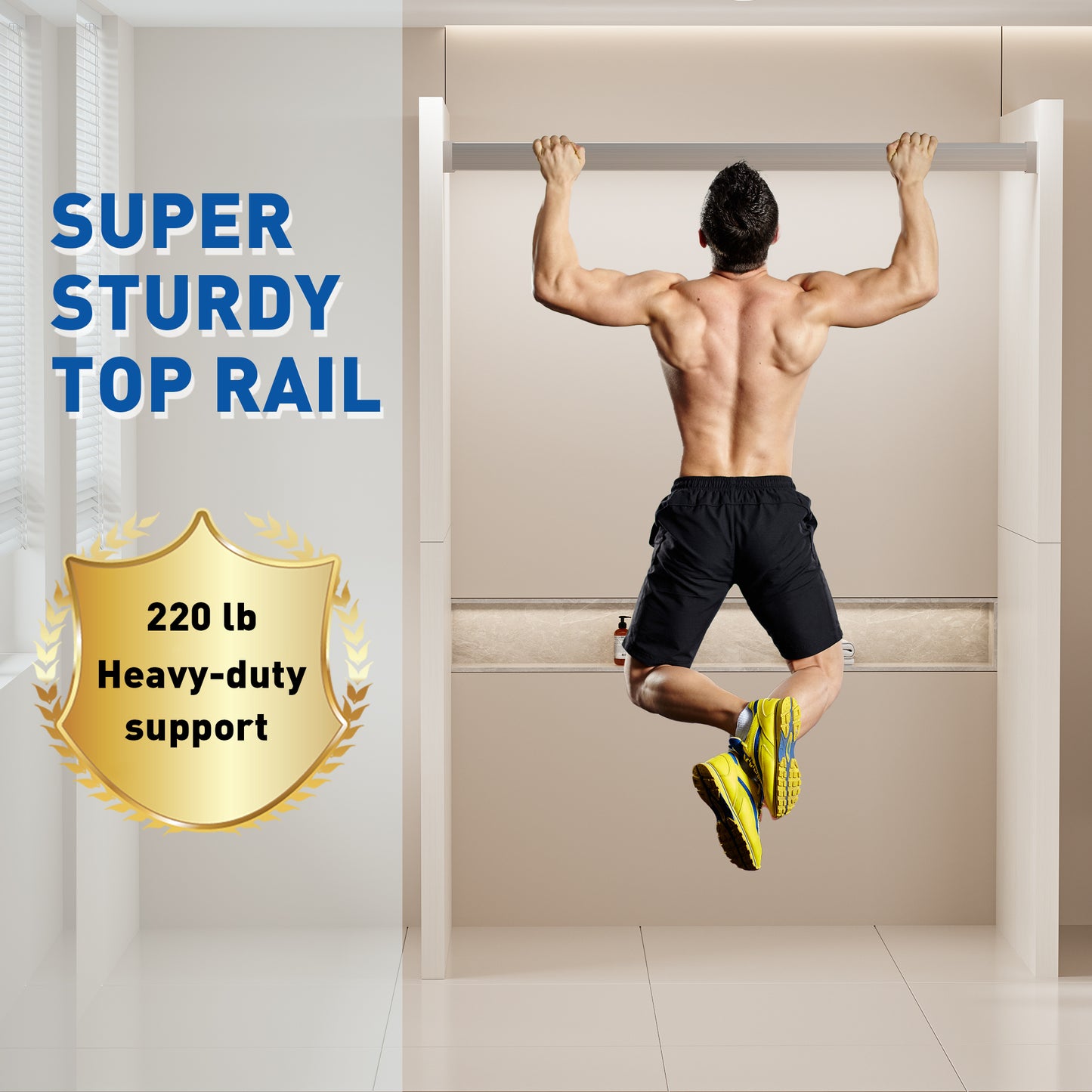 Muscular man performing pullups on a super sturdy top rail for home gym equipment