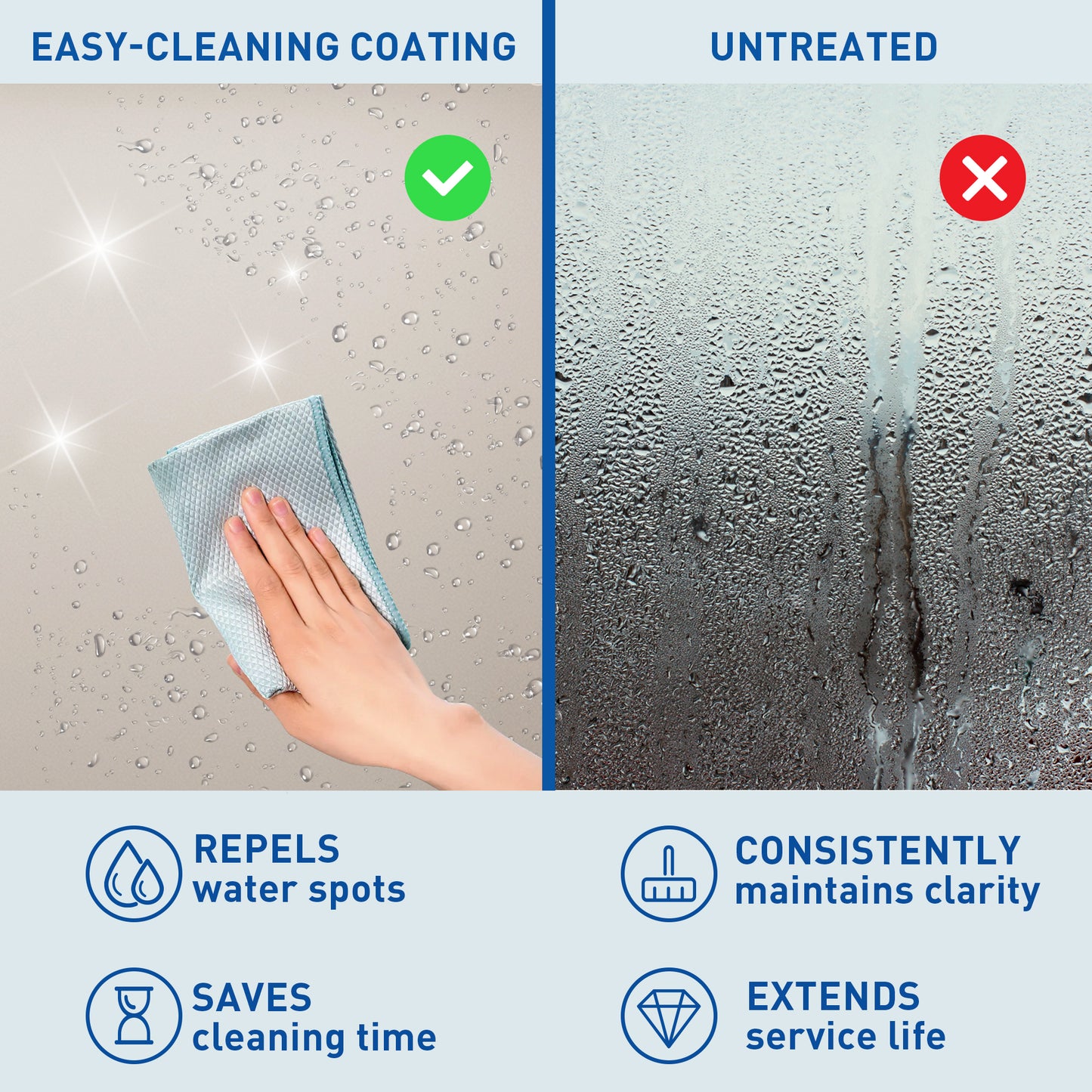 Hand wiping a surface with an easycleaning coating showing water beads repelling