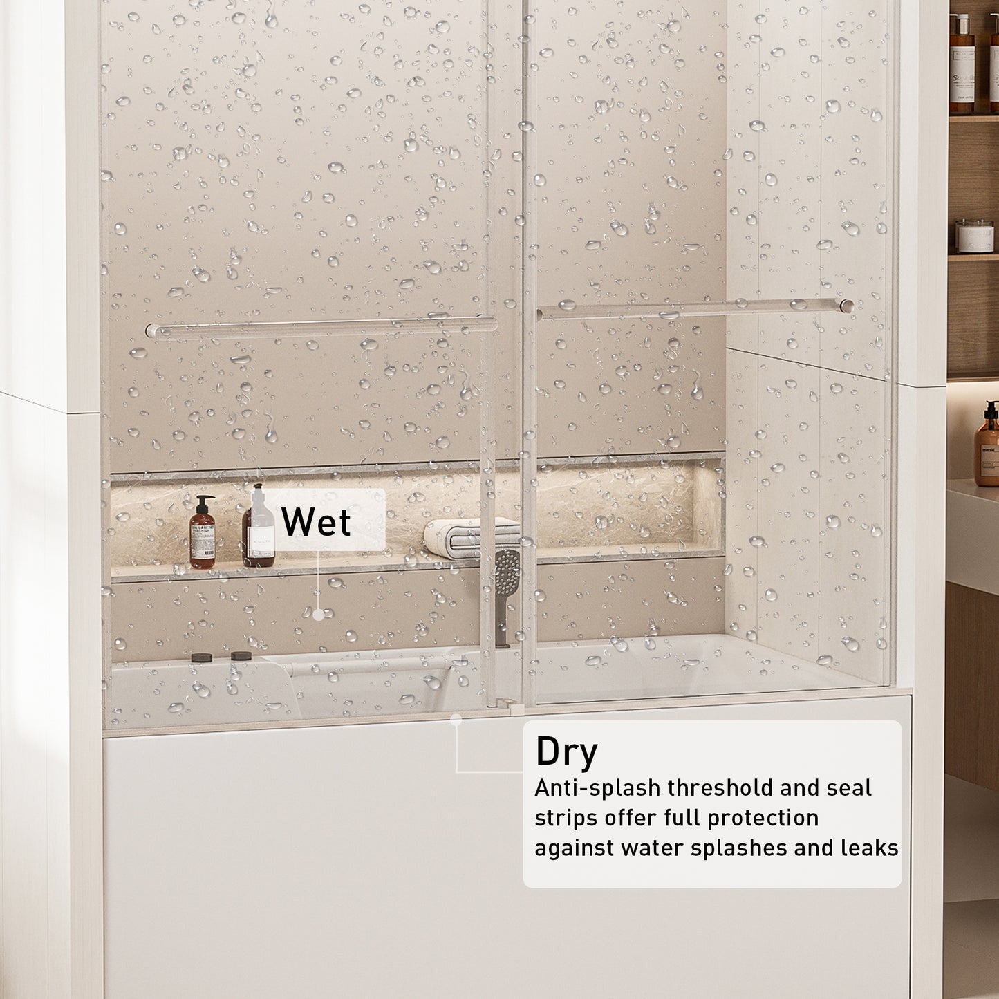 Modern frameless shower door with antisplash threshold and seal strips for leak protection