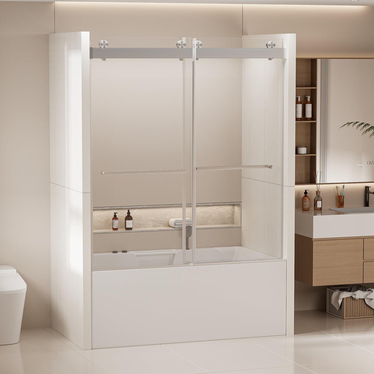 Modern glass shower door with brushed nickel hardware for a sleek bathtub enclosure
