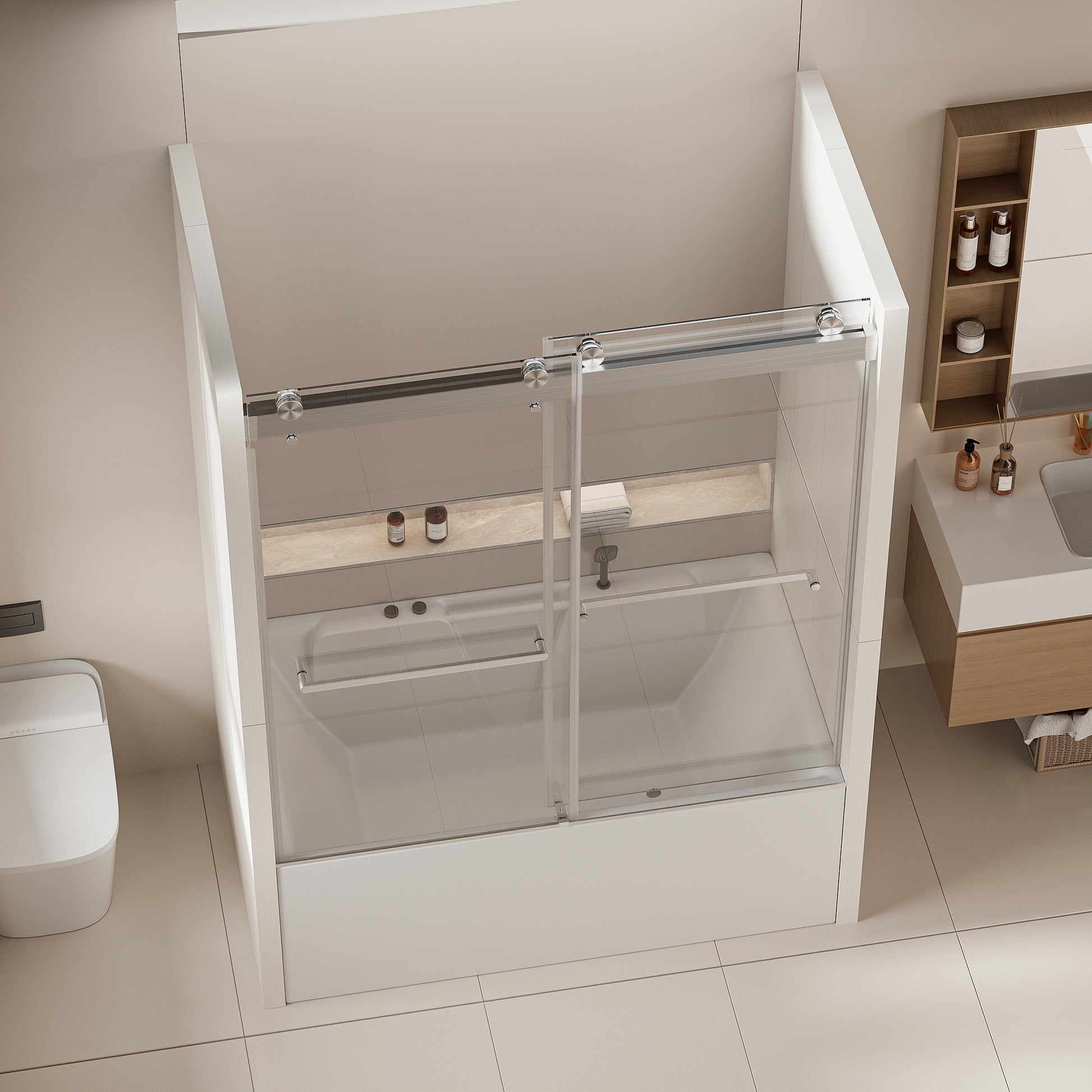 Modern sliding tub shower door with brushed nickel hardware and clear glass panels
