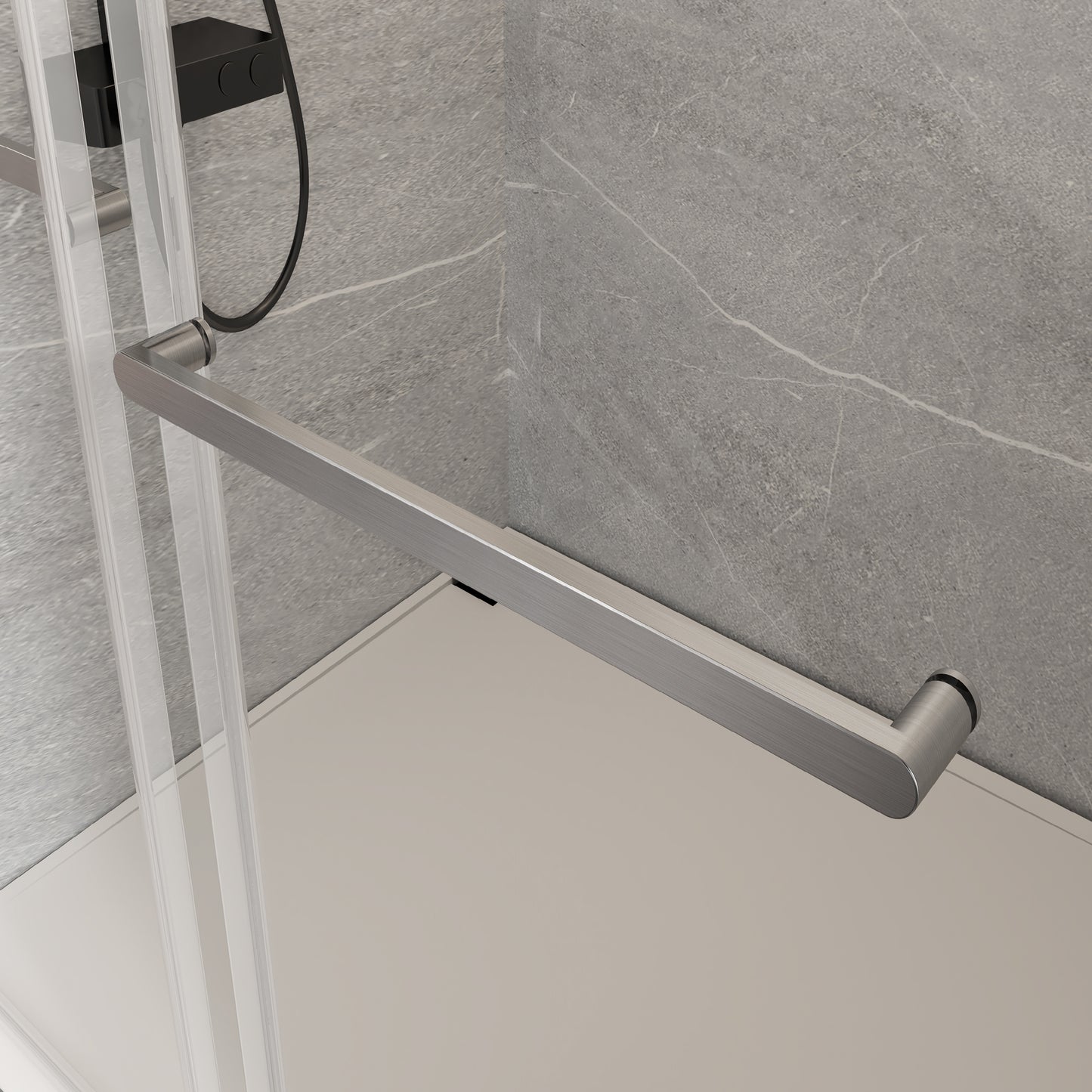 Brushed nickel shower door handle with modern minimalist design
