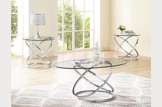 Oval glass coffee table with chrome base and modern swirling design