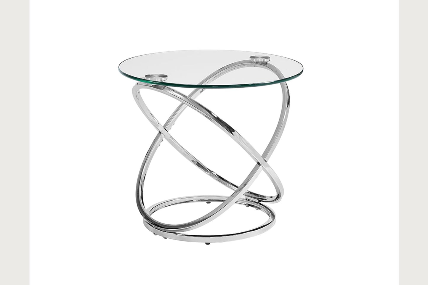 Elegant glass top side table with chrome finished abstract base