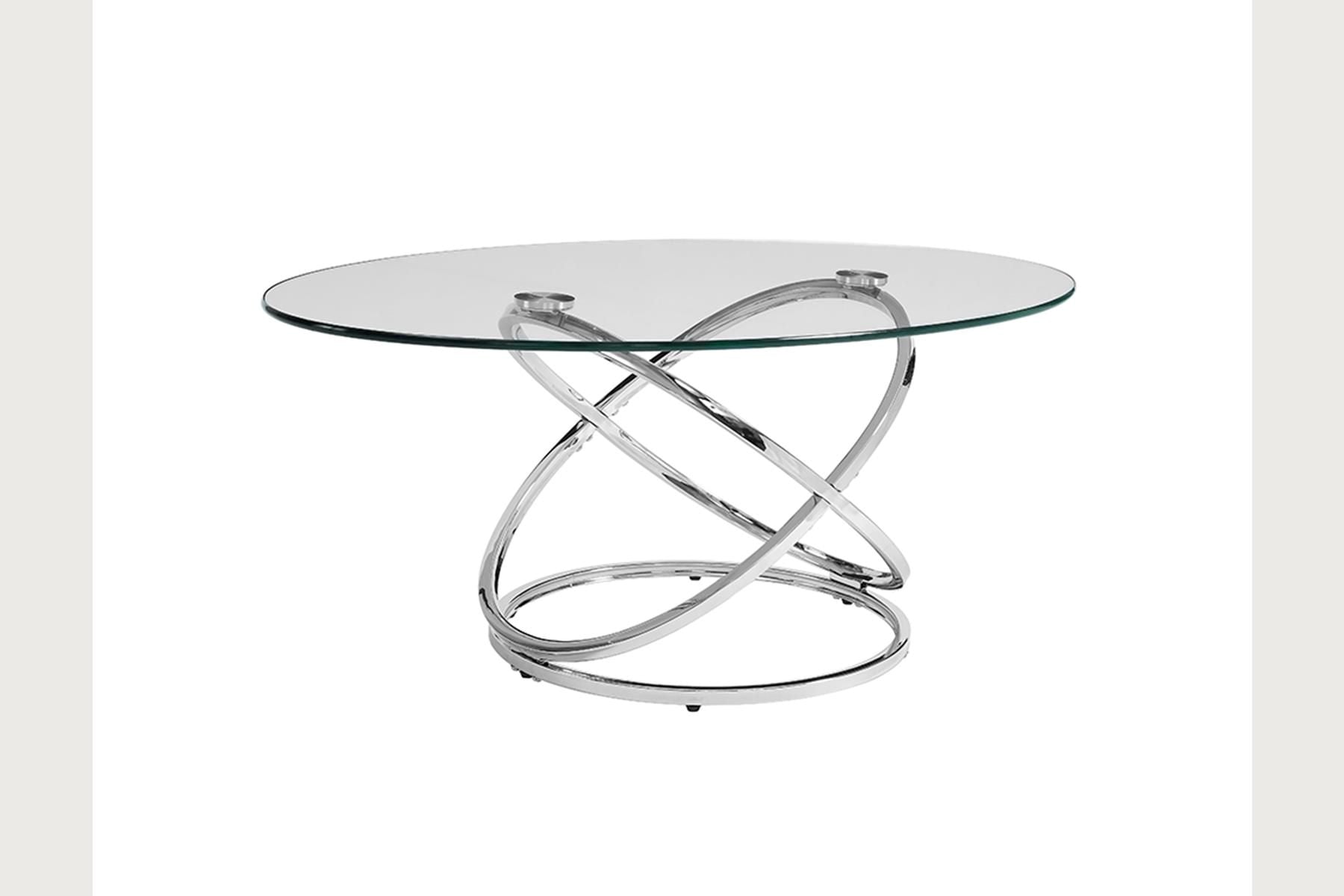 Glass top coffee table with a polished chrome sculptural base