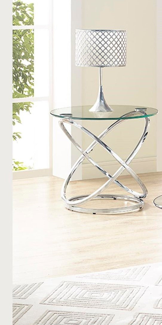 Modern glass top accent table with polished chrome twisted base