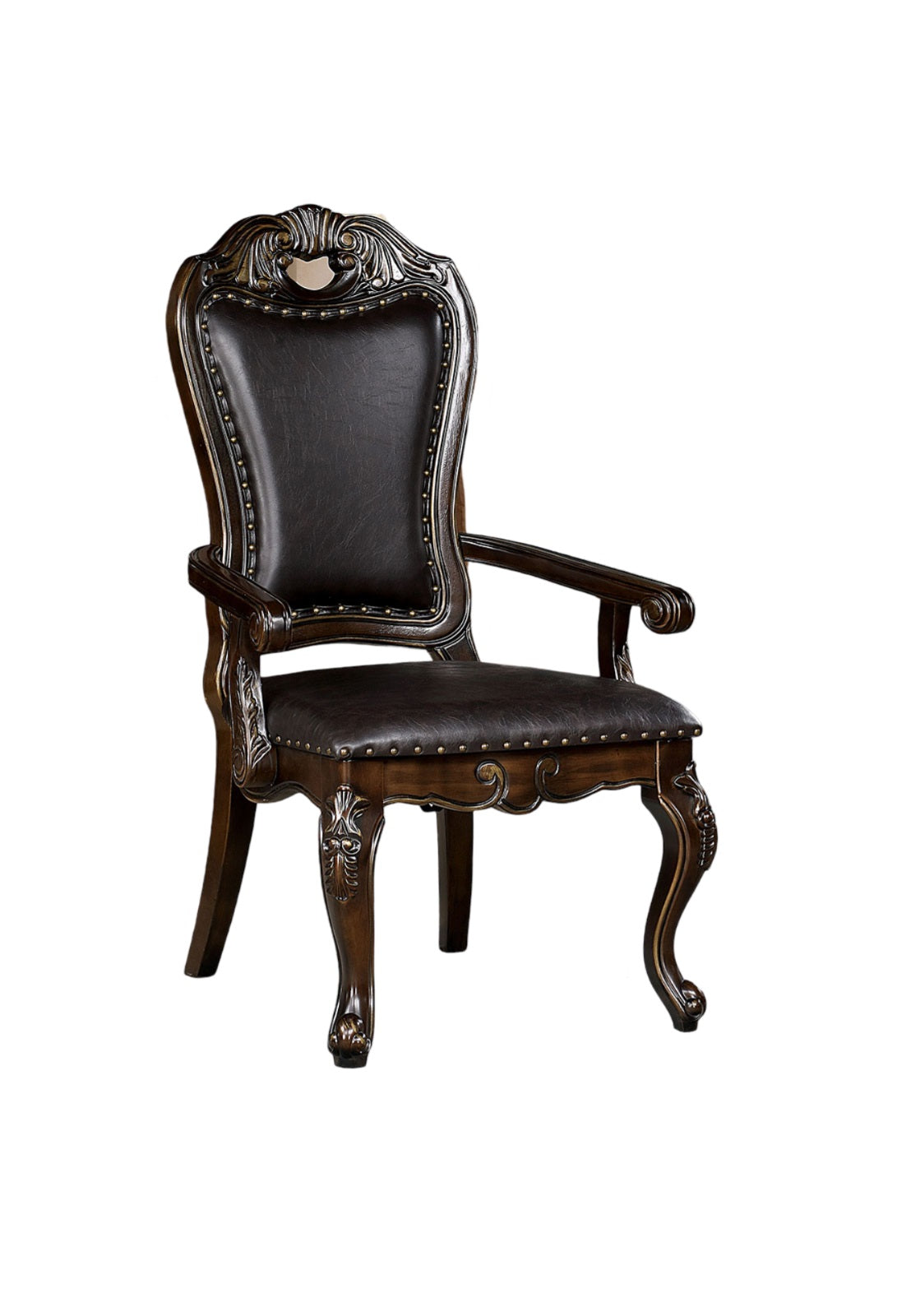 Ornate dark brown leather dining chair with carved wooden legs