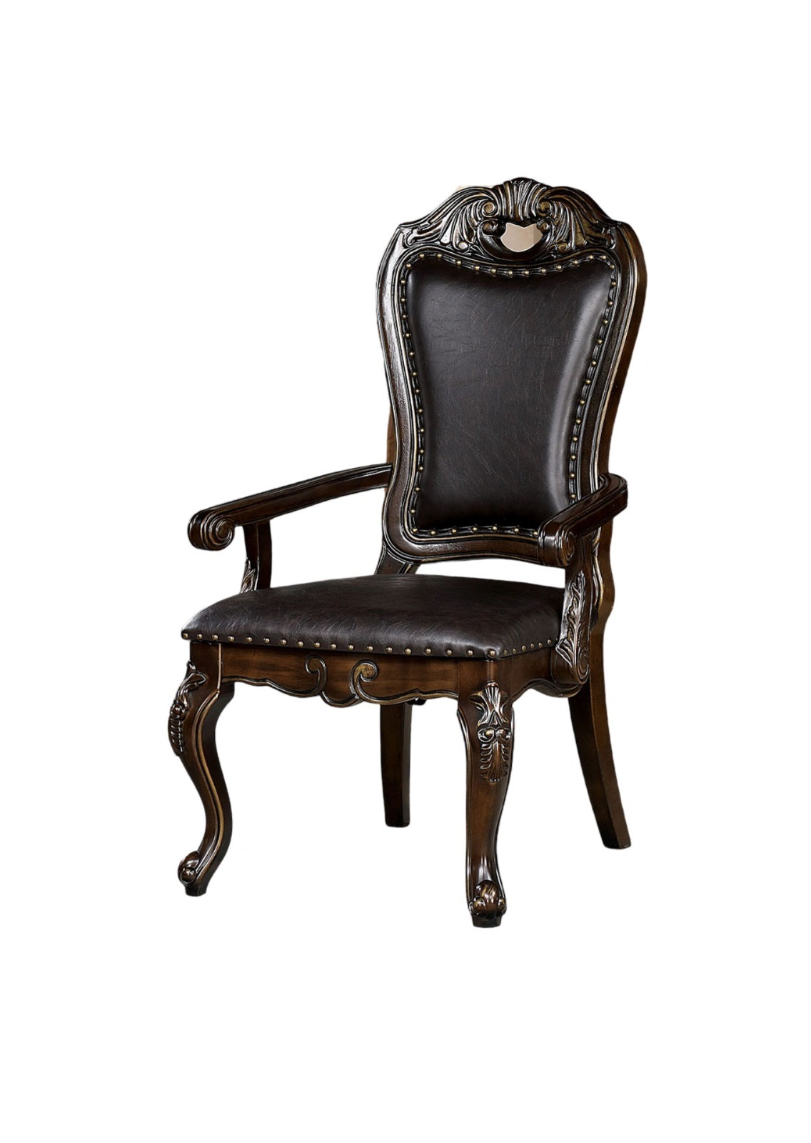 Ornate dark brown leather arm chair with carved wood details and nailhead trim
