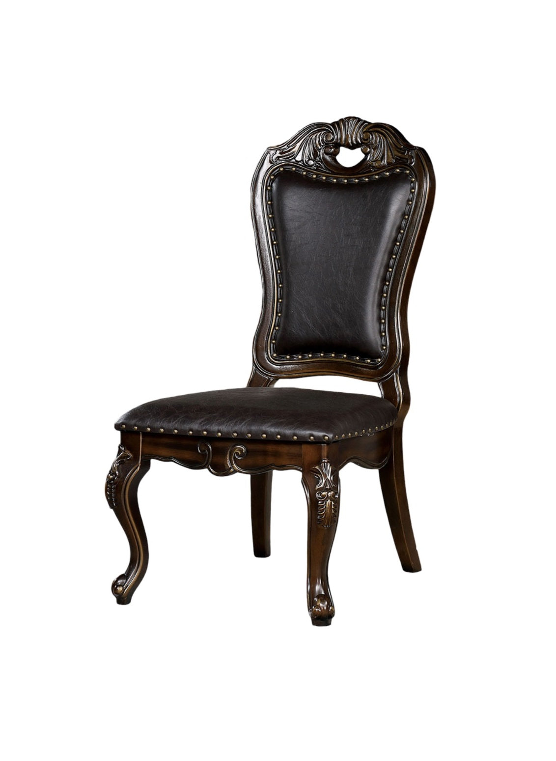 Ornate carved dark wood dining chair with rich brown leather upholstery and brass nailhead trim
