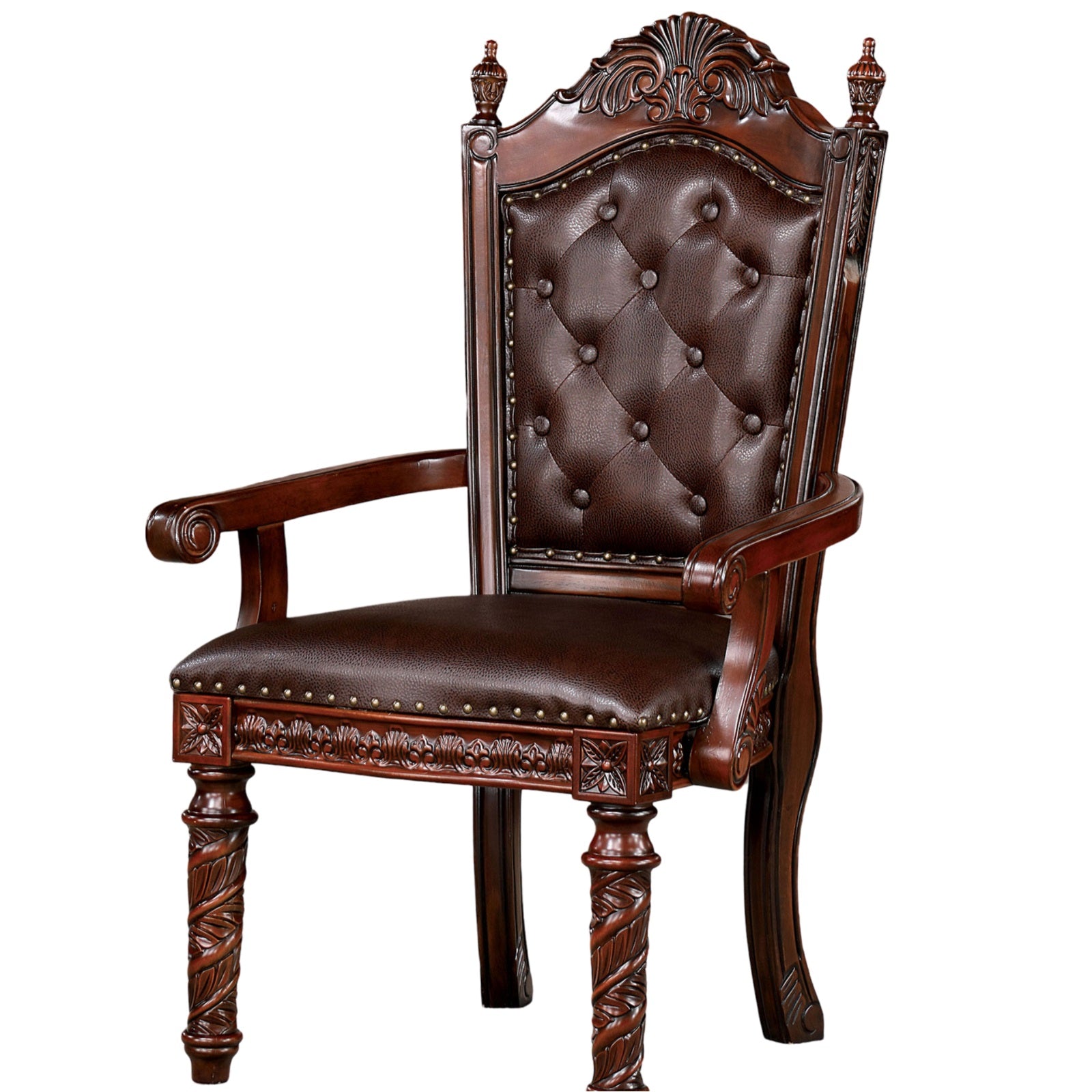 Ornate mahogany carved dining chair with dark brown tufted leather seat and back