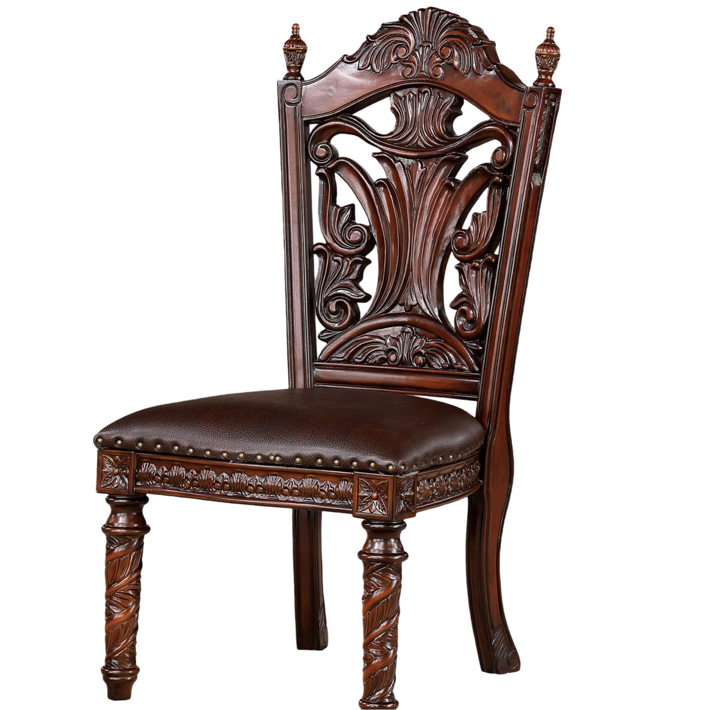 Ornate dark wood dining chair with brown leather seat and carved legs