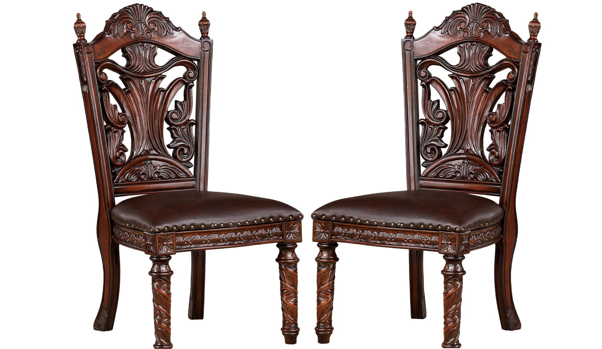 Ornate dark brown wood dining chairs with embossed leather seats and carved legs
