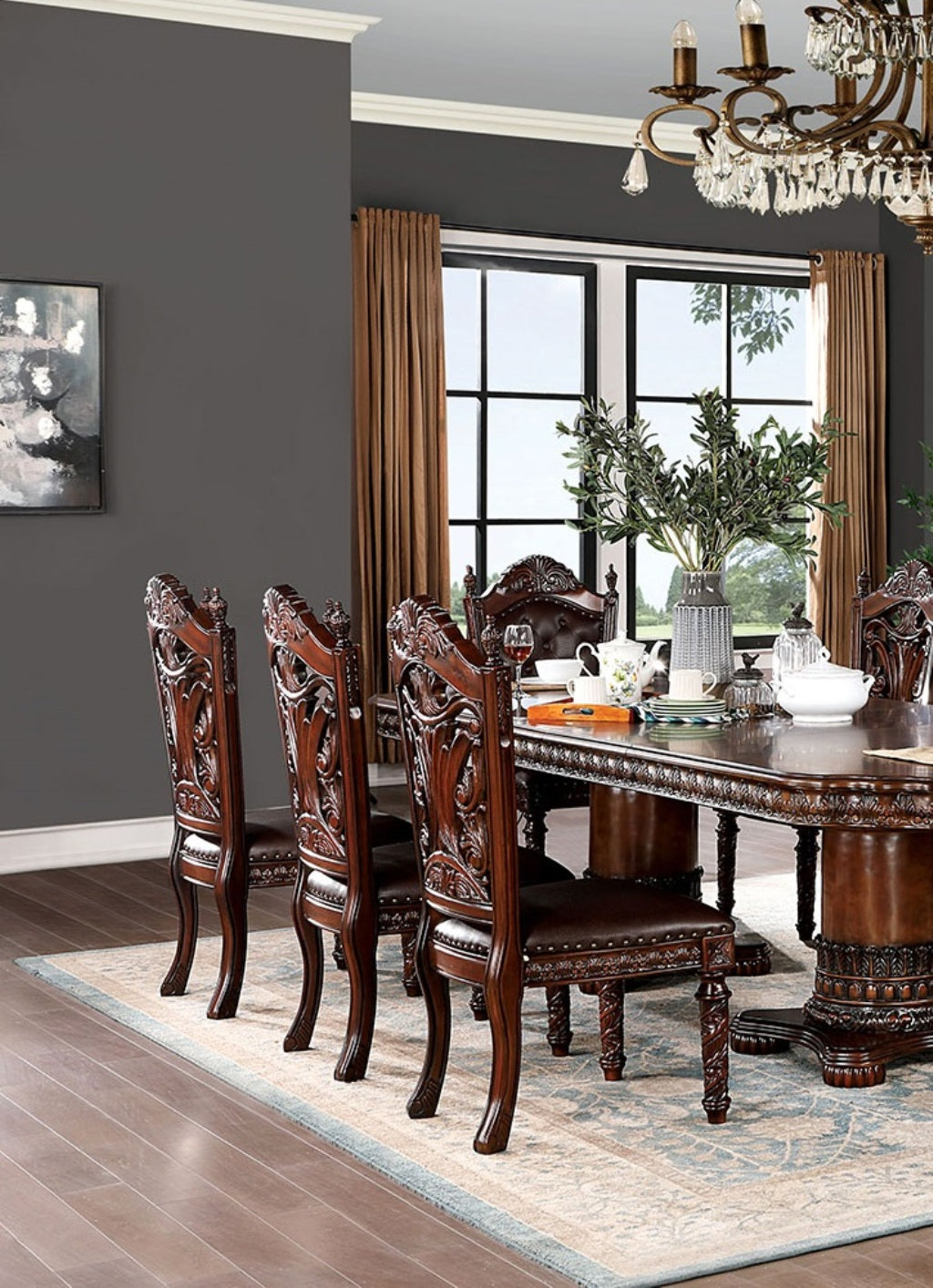 Ornate carved dark wood dining chairs with dark leather seats classic baroque style