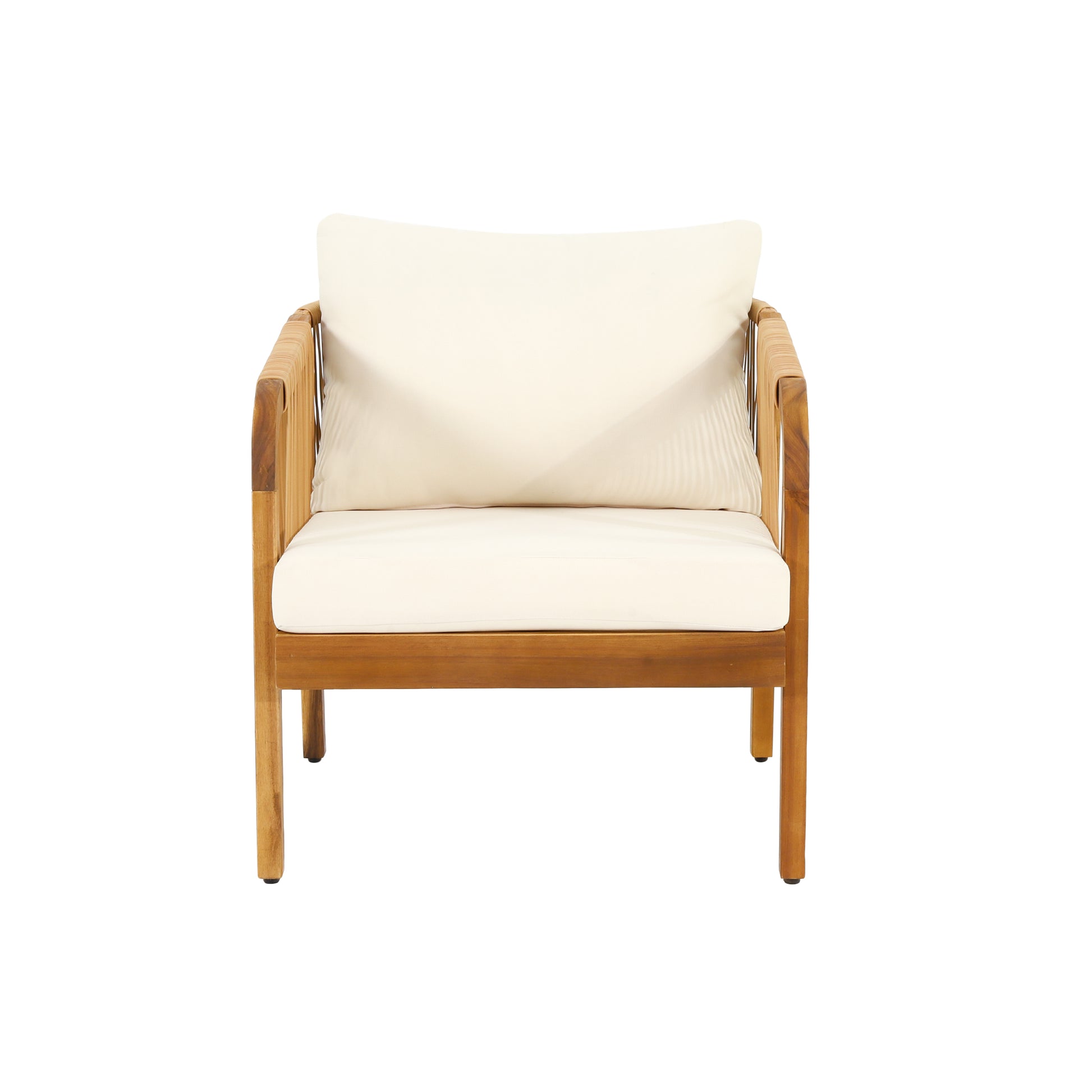 Acacia wood armchair with plush ivory cushions perfect for patio seating