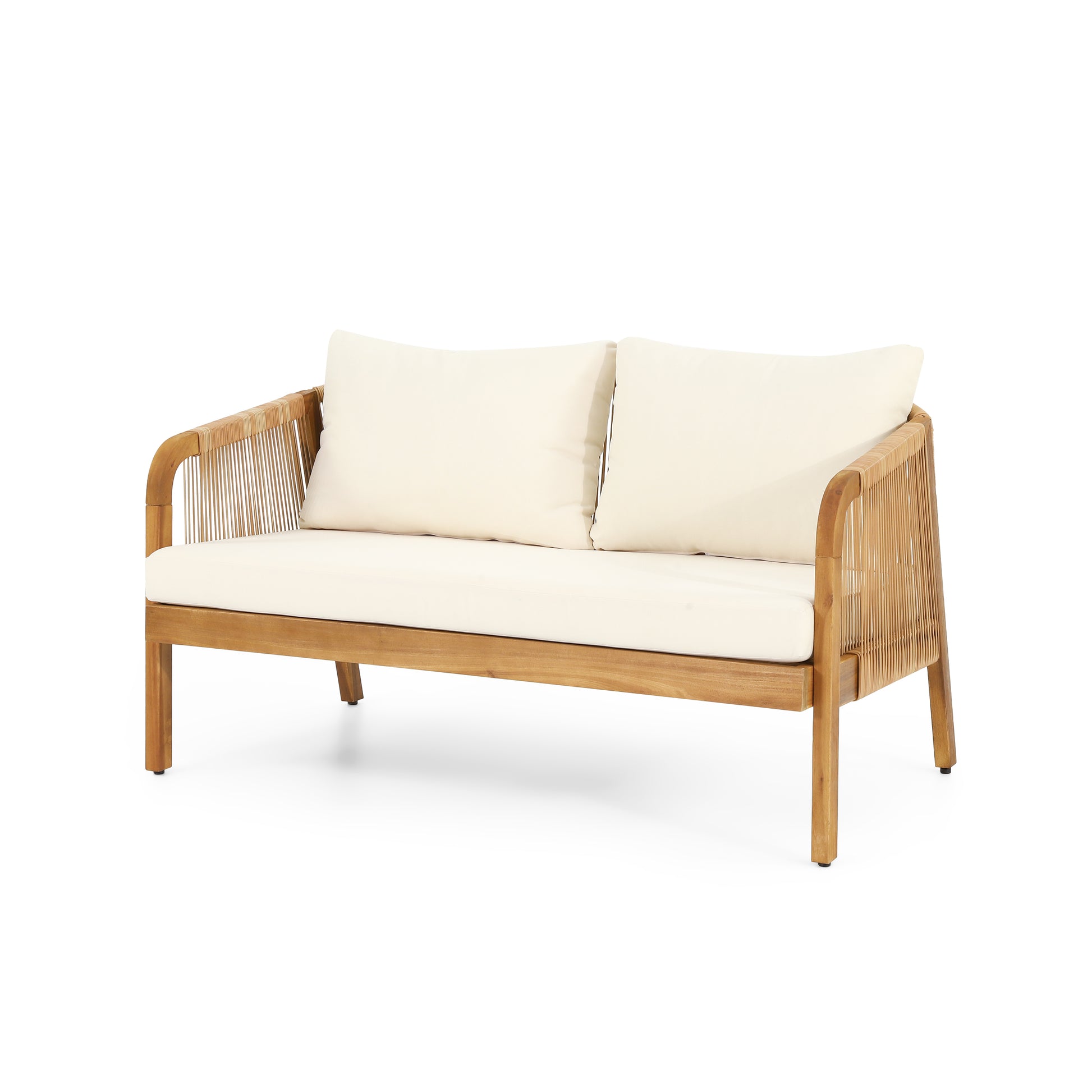 Natural wood loveseat with cream cushions and woven rope accents
