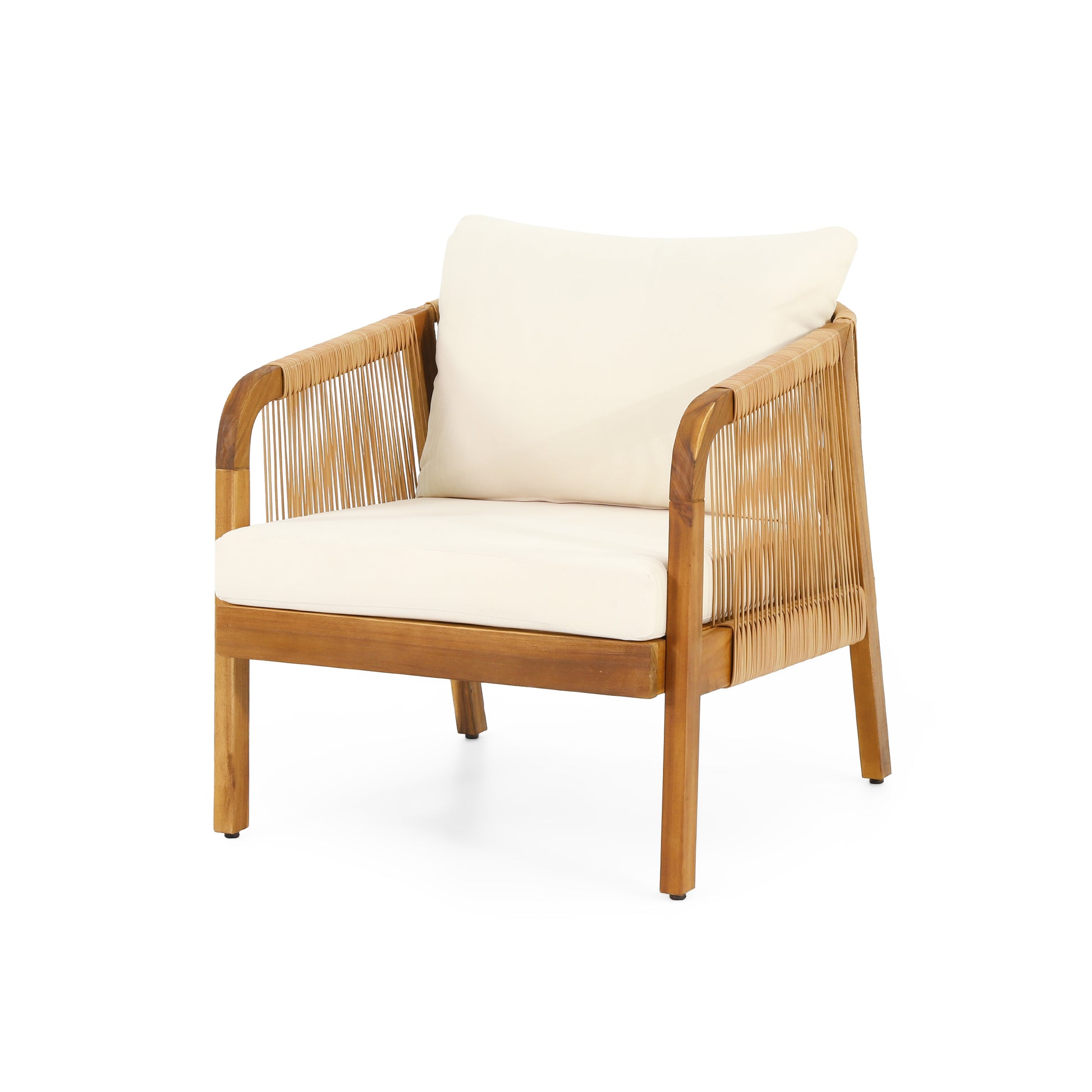 Armchair with natural woven rattan sides and light cream cushion