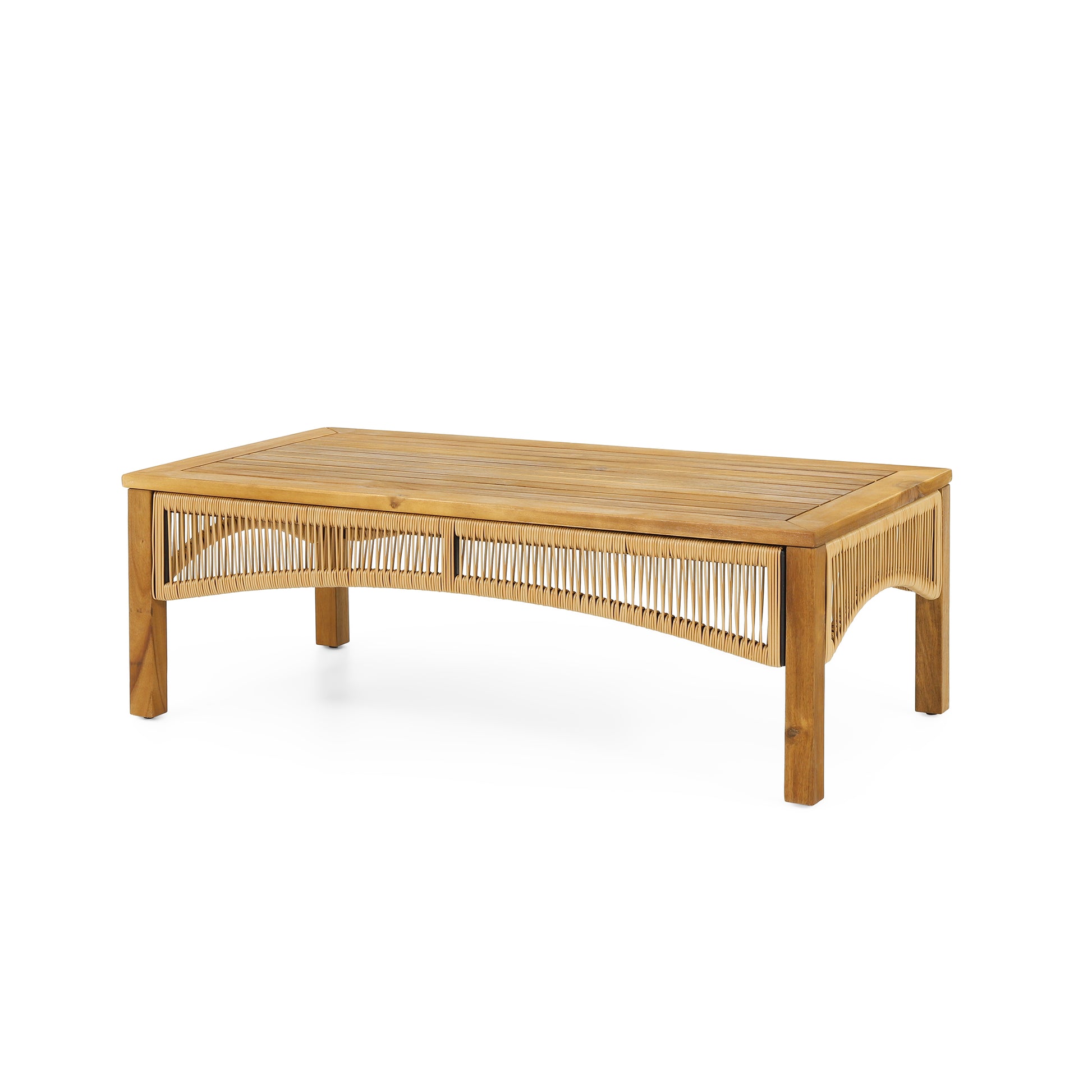 Rectangular teak coffee table with woven rattan sides and slatted top