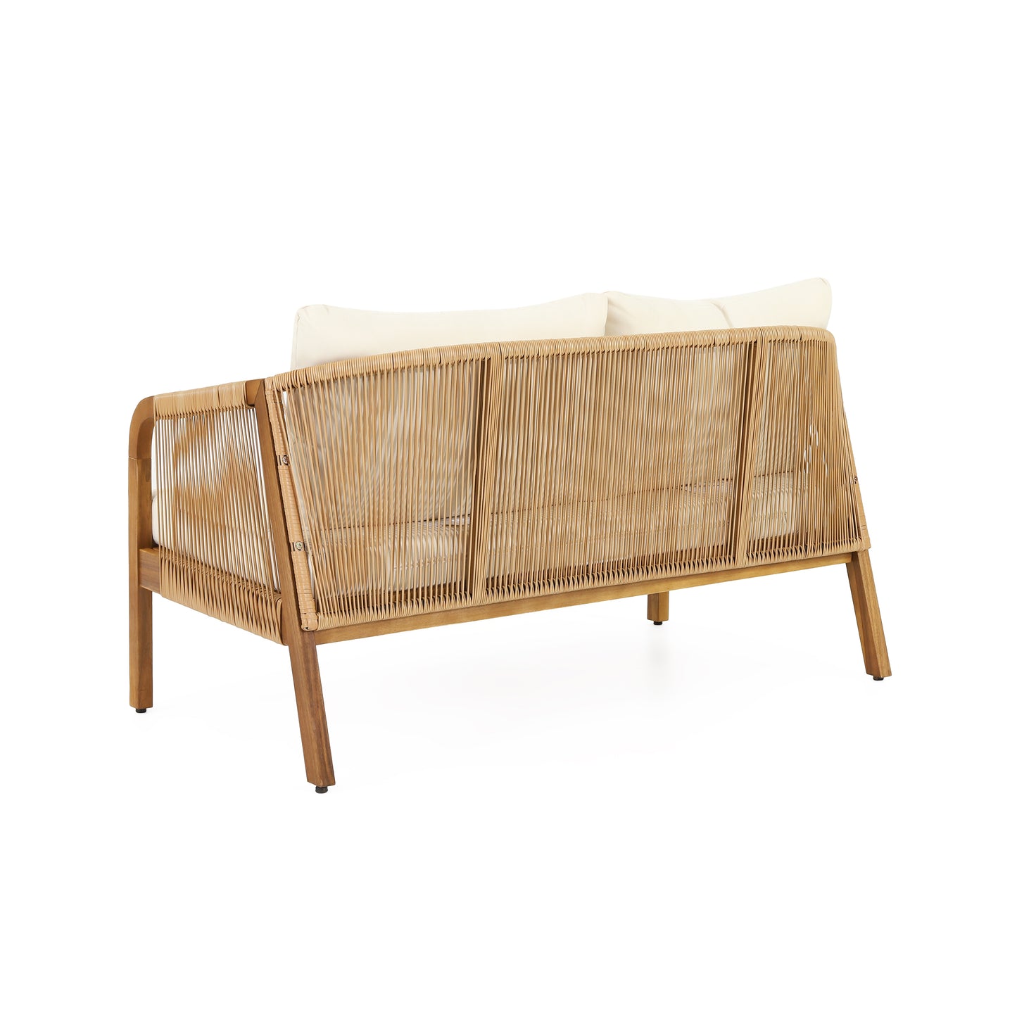 Natural rattan outdoor sofa with plush cream cushions and wooden legs