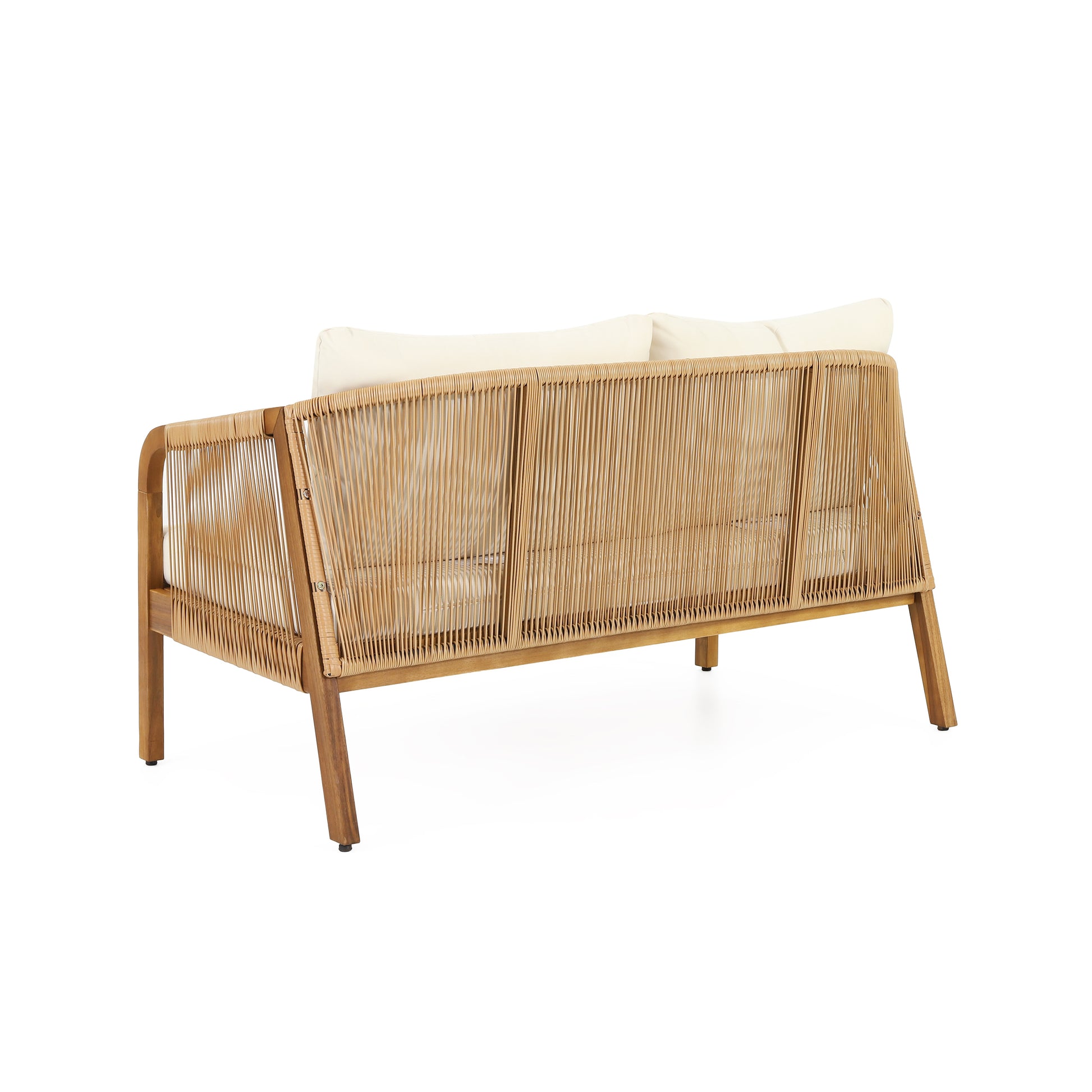 Natural rattan outdoor sofa with plush cream cushions and wooden legs