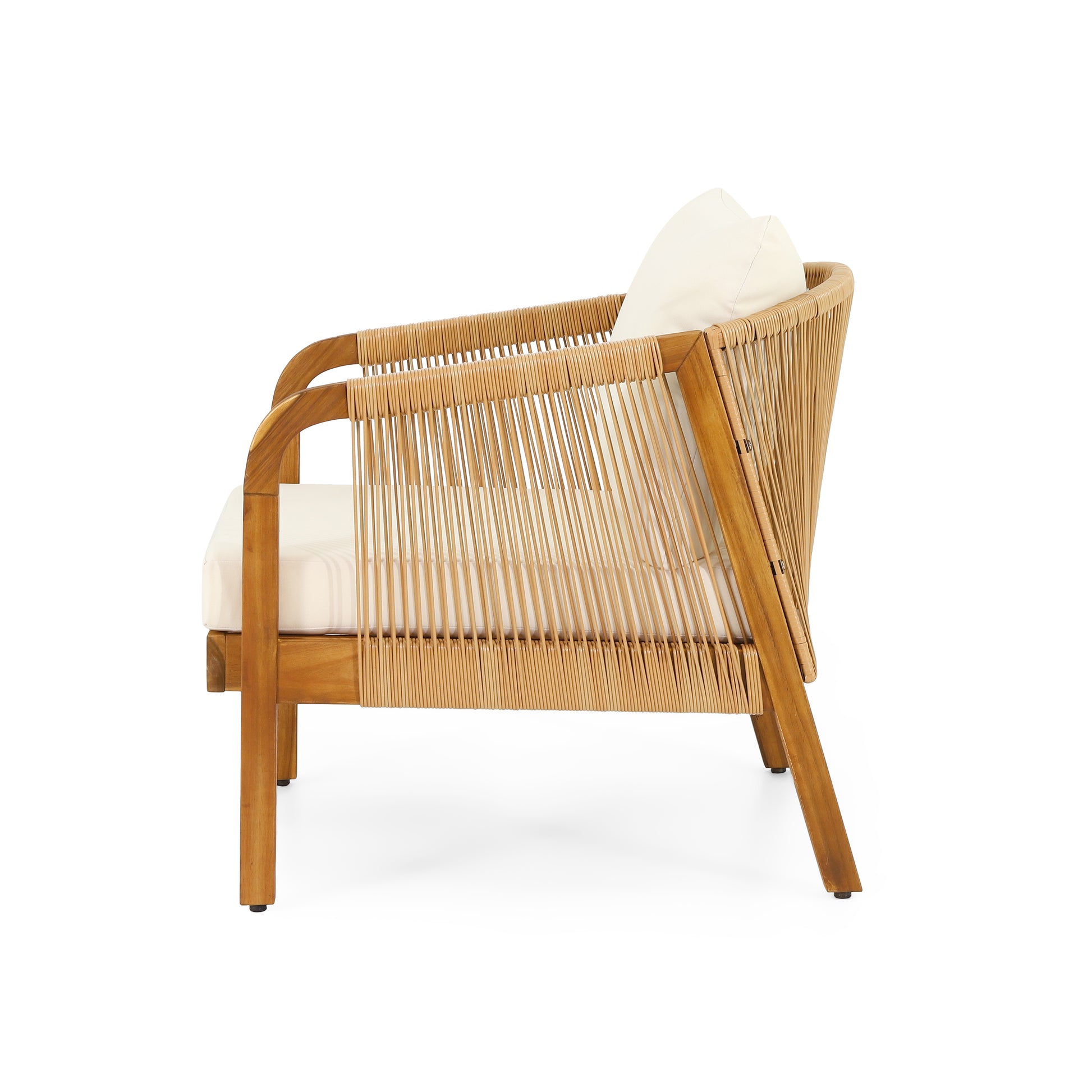 Natural wood armchair with woven rope detailing and cream cushions perfect for patios