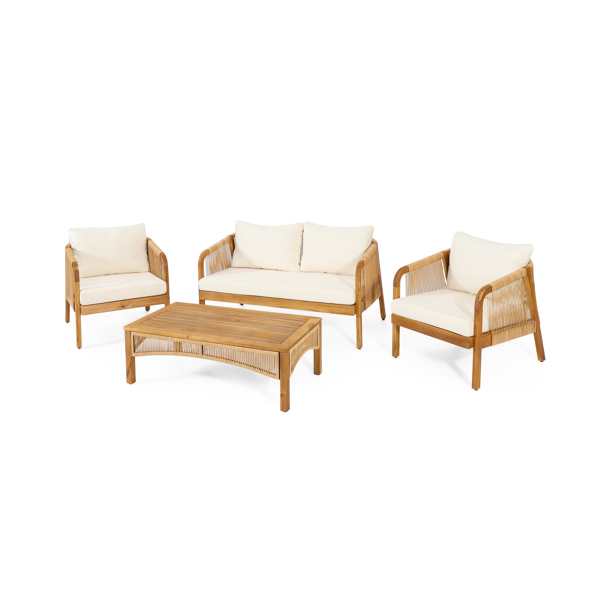 Modern teak outdoor furniture set with cream cushions including sofa chairs and coffee table