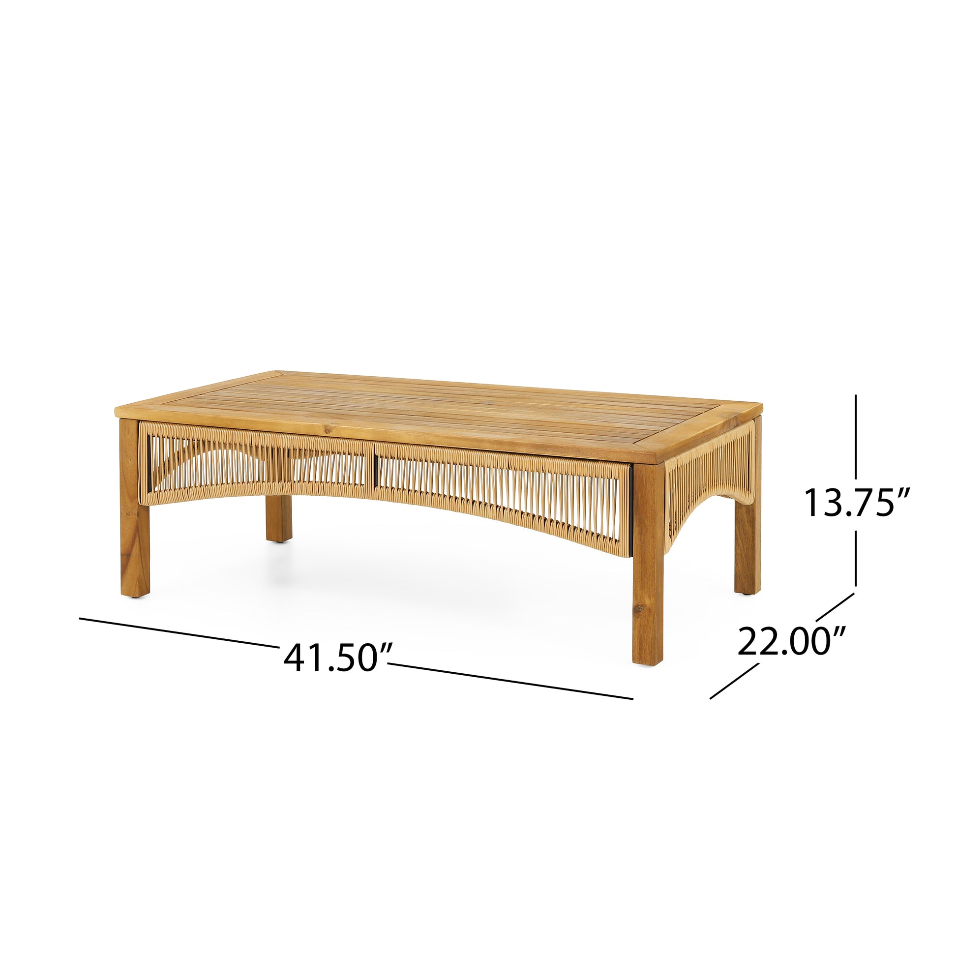 Natural wood and woven rattan rectangular coffee table with curved legs