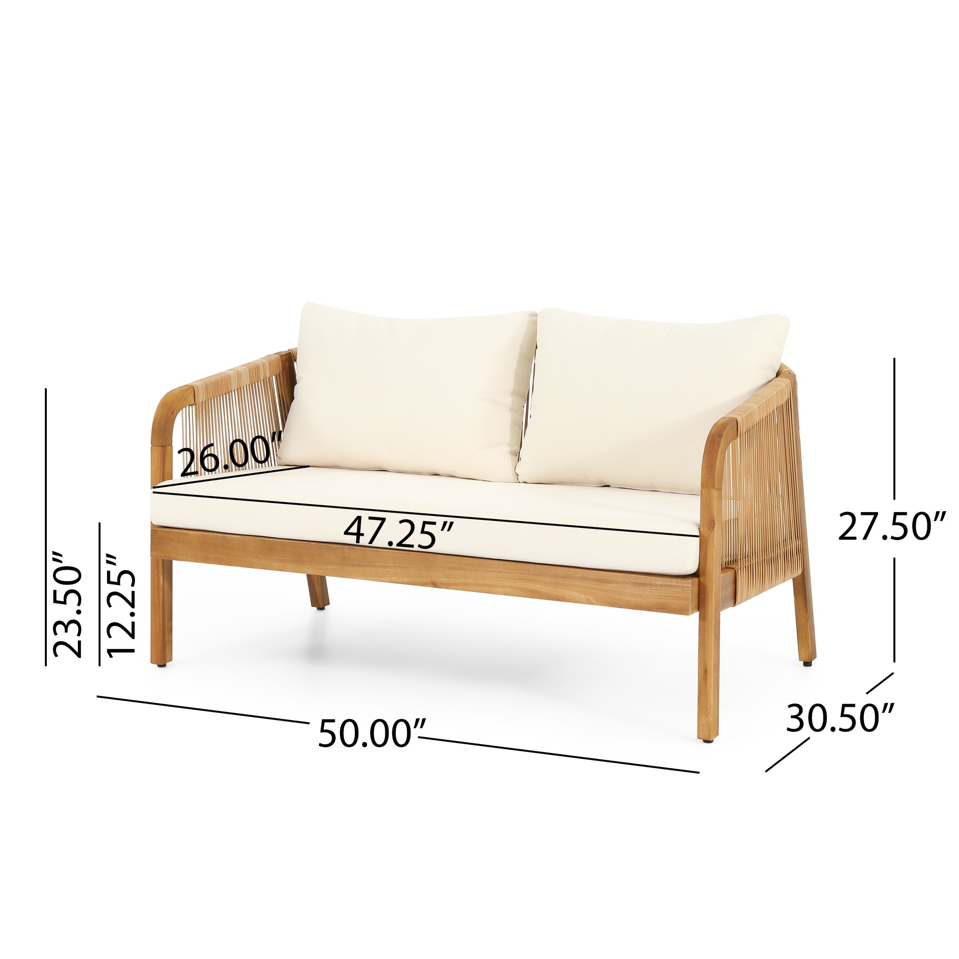 Wooden loveseat with natural woven side panels and cream cushions Ideal outdoor seating