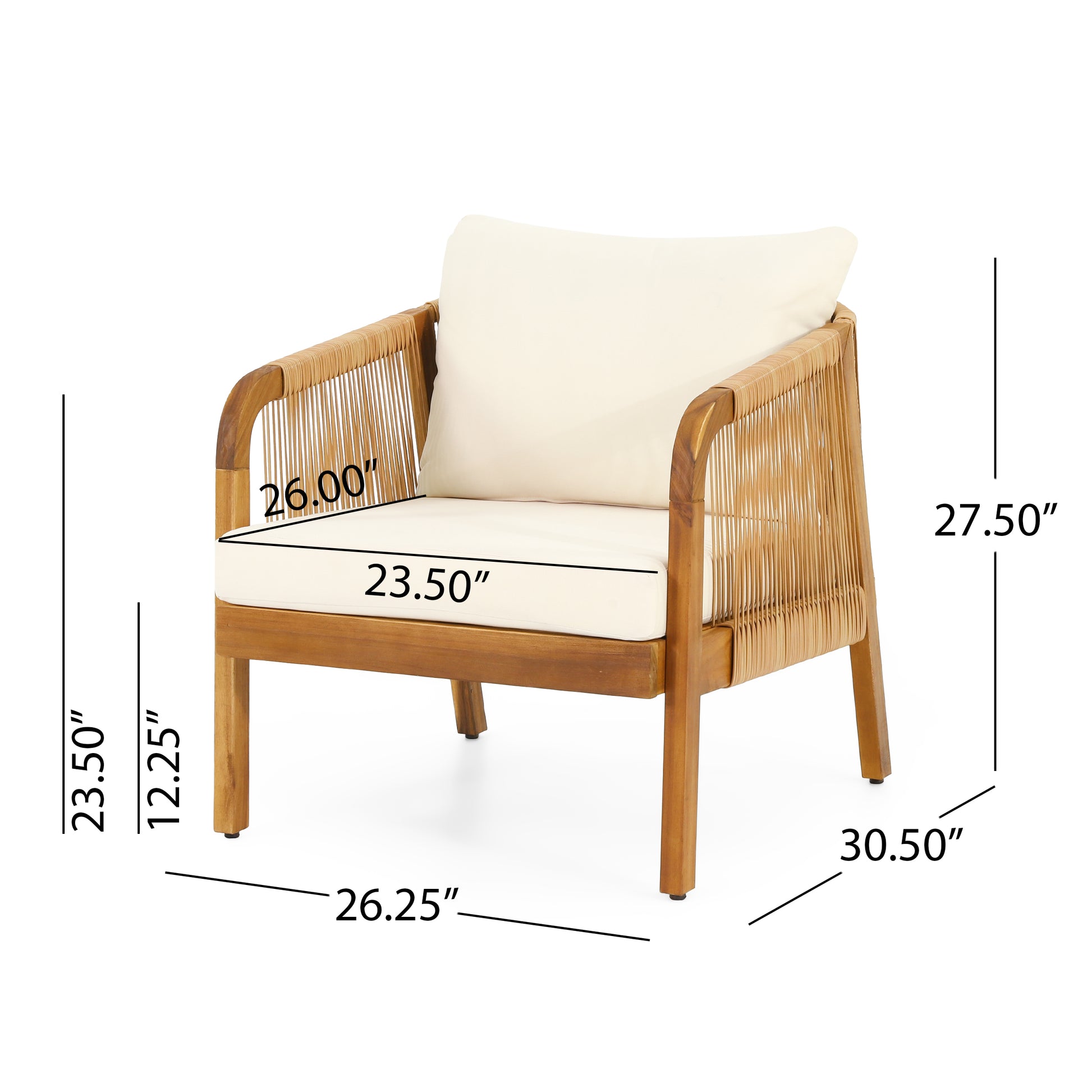 Acacia wood armchair with natural rattan wicker and cream cushion  H x  W