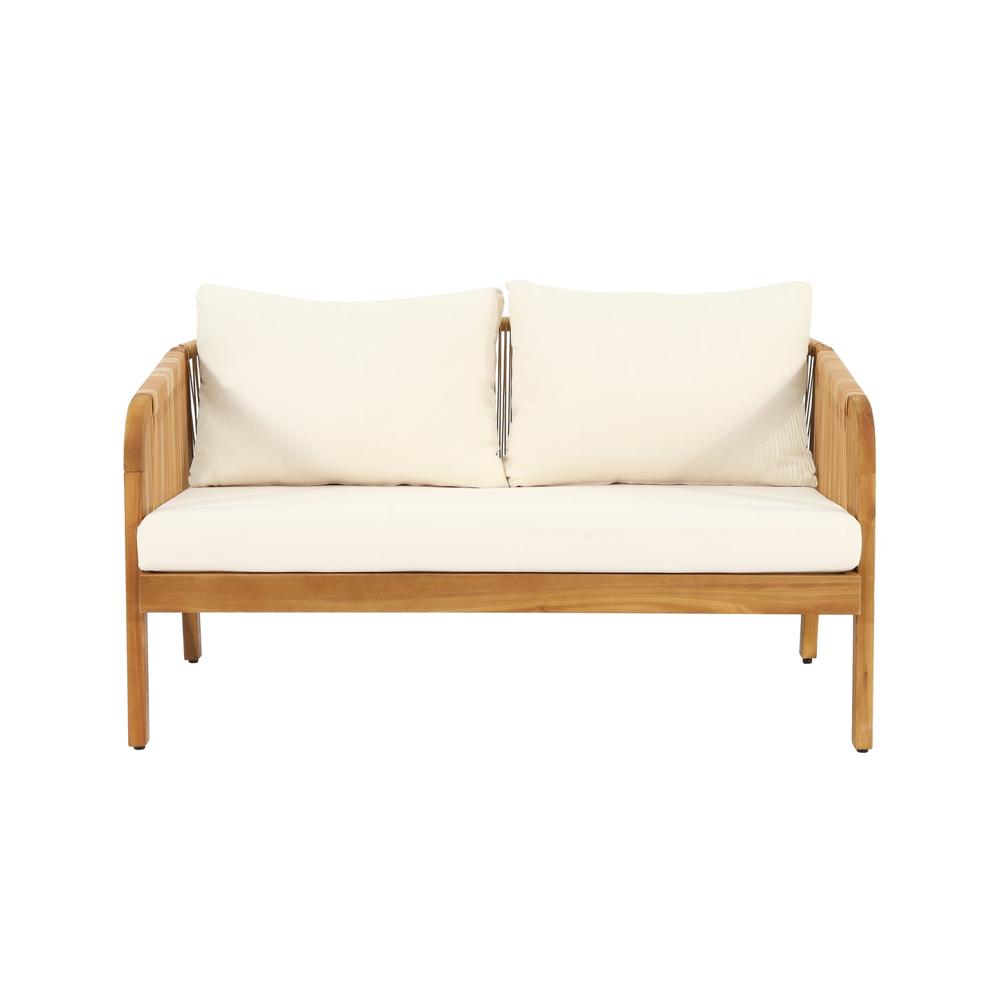 Wooden outdoor loveseat with cream cushions and rattan accents for patio comfort