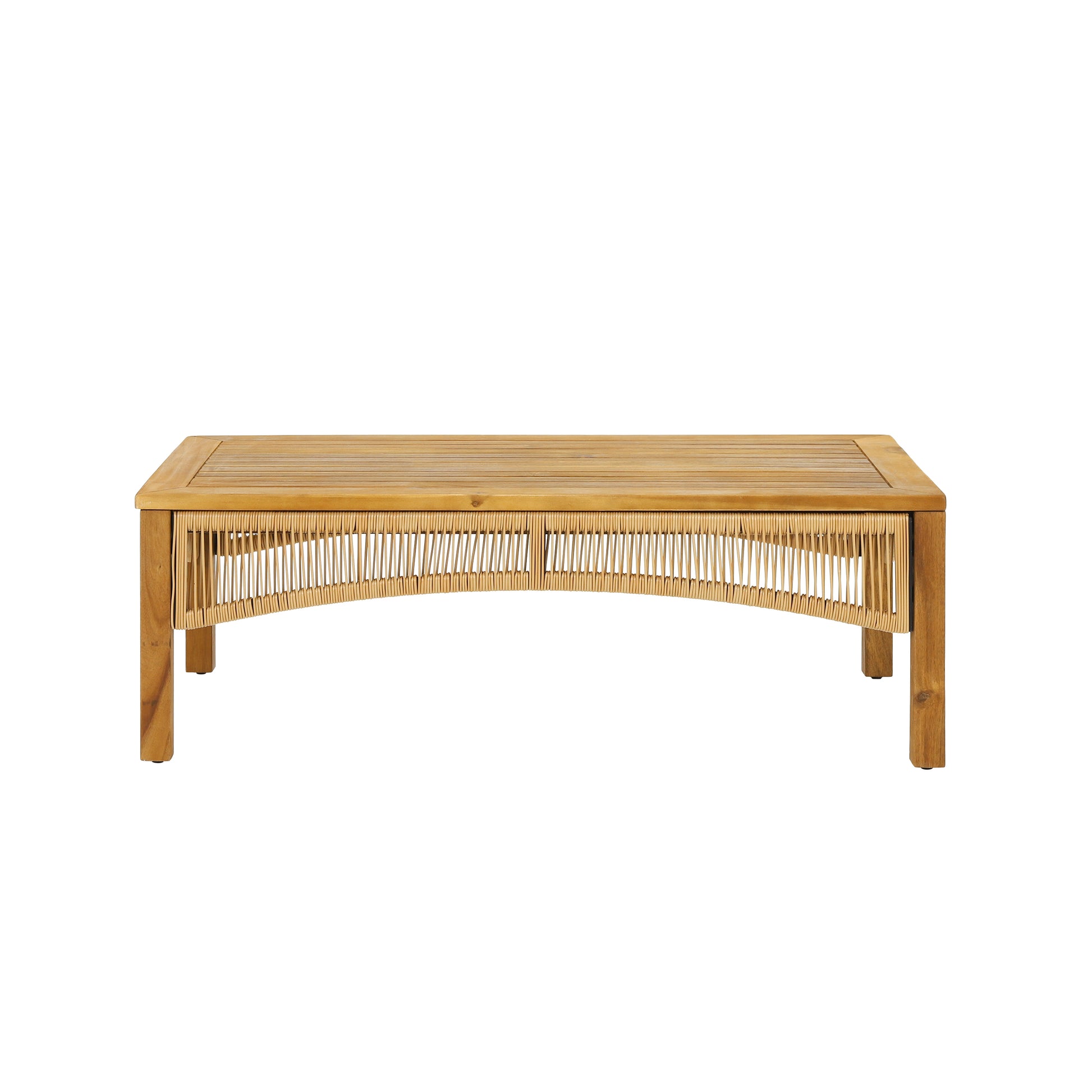 Rectangular teak wood coffee table with woven rattan detailing and four sturdy legs