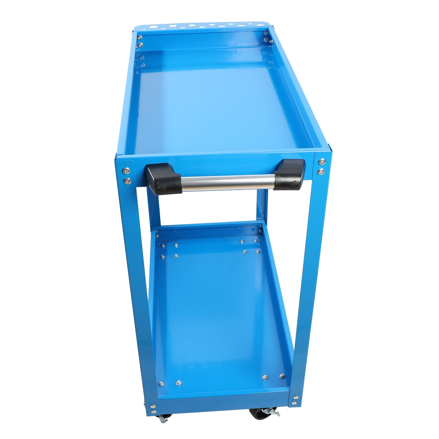 Blue metal tier rolling tool cart with a handle and casters
