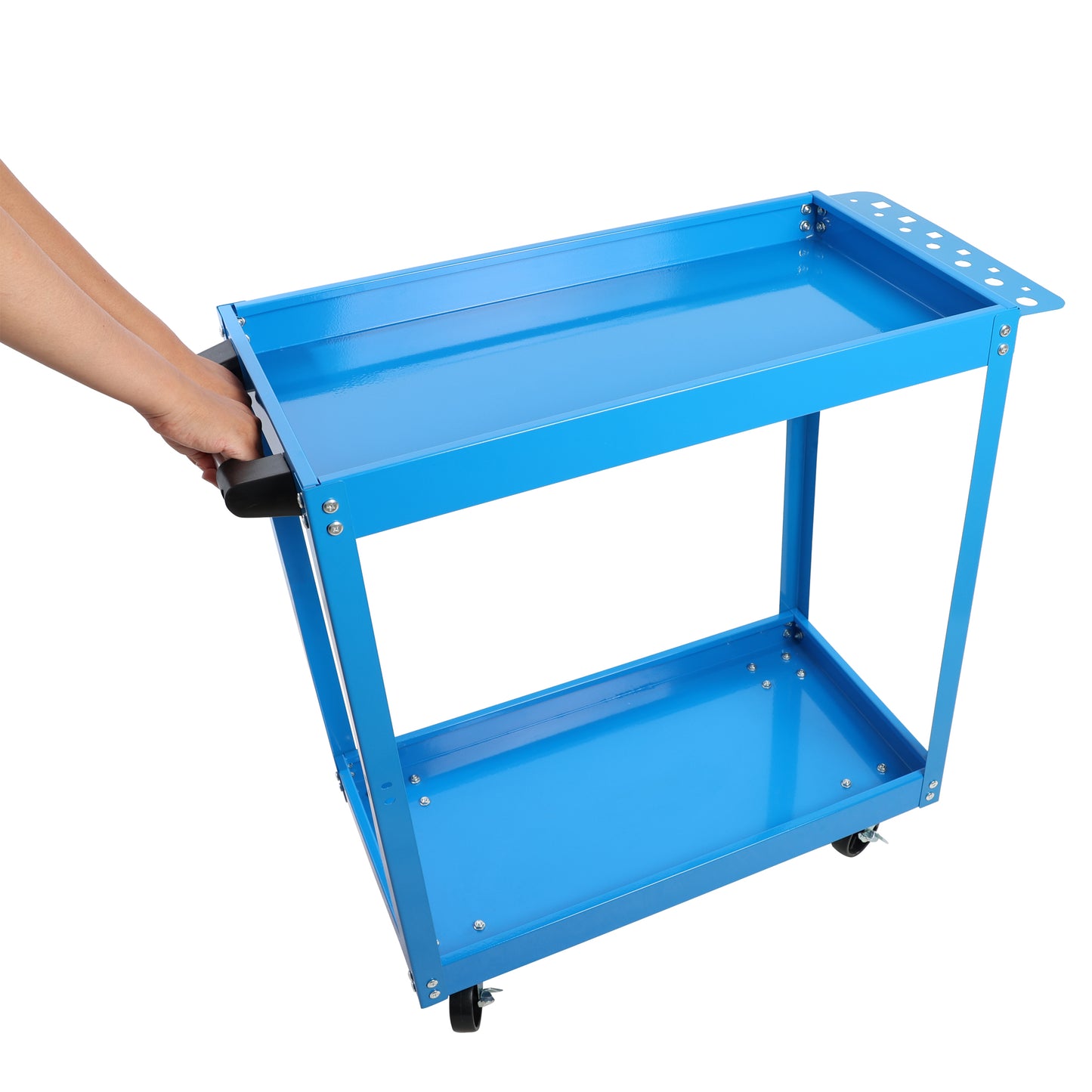 Blue metal tier tool cart with handle and wheels for workshop organization