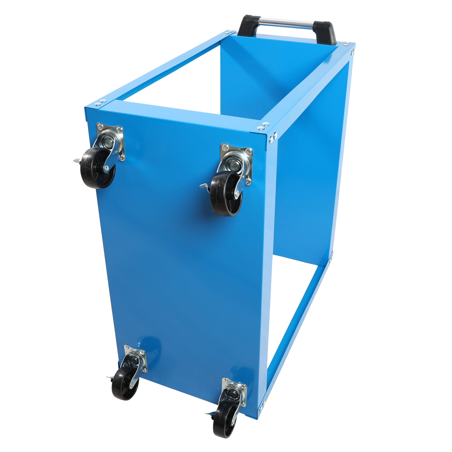 Blue metal rolling cart with silver handle and black casters