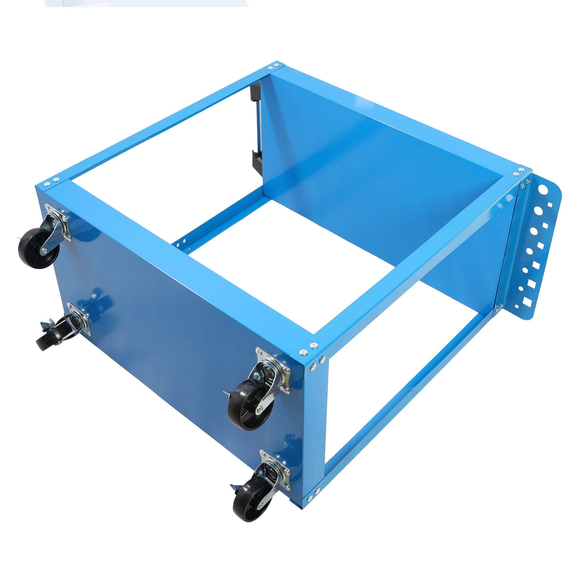 Blue metal cart base with four black caster wheels for easy mobility in a workshop setting