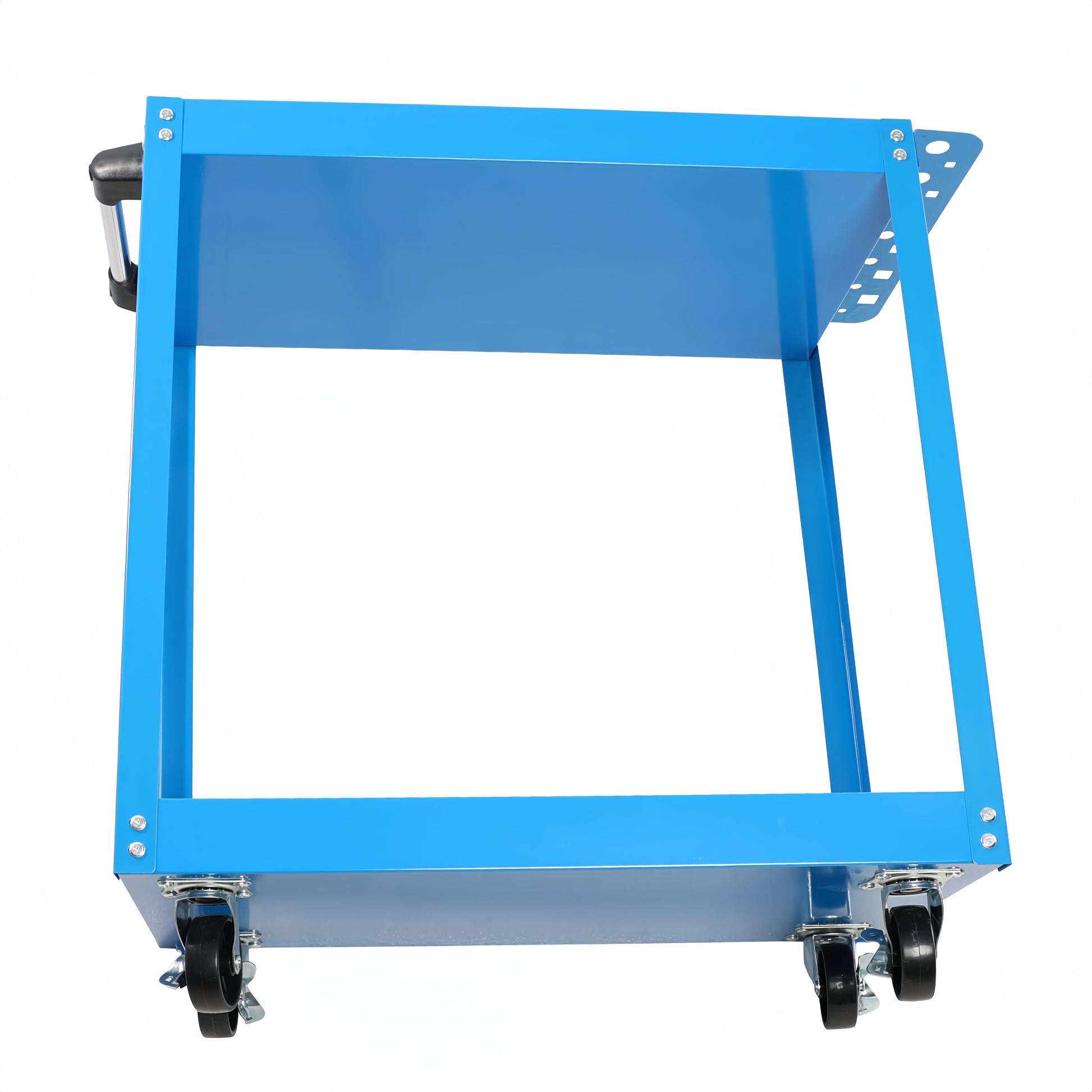 Blue metal utility cart with wheels and handle for easy transport