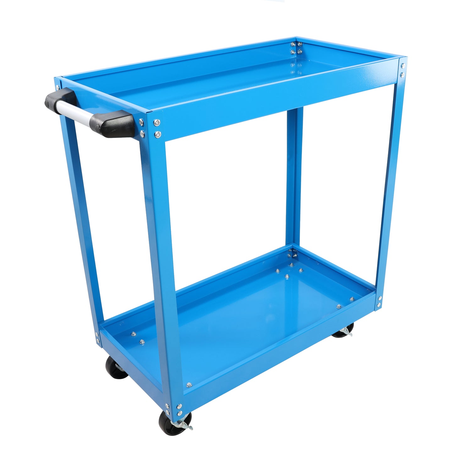 Blue twotier metal utility cart with wheels and a push handle for easy movement
