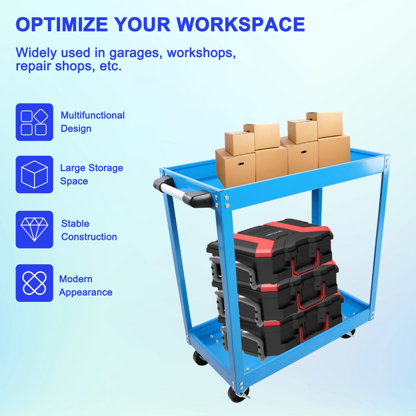 Blue metal tool cart with stacked black and red toolboxes and cardboard boxes