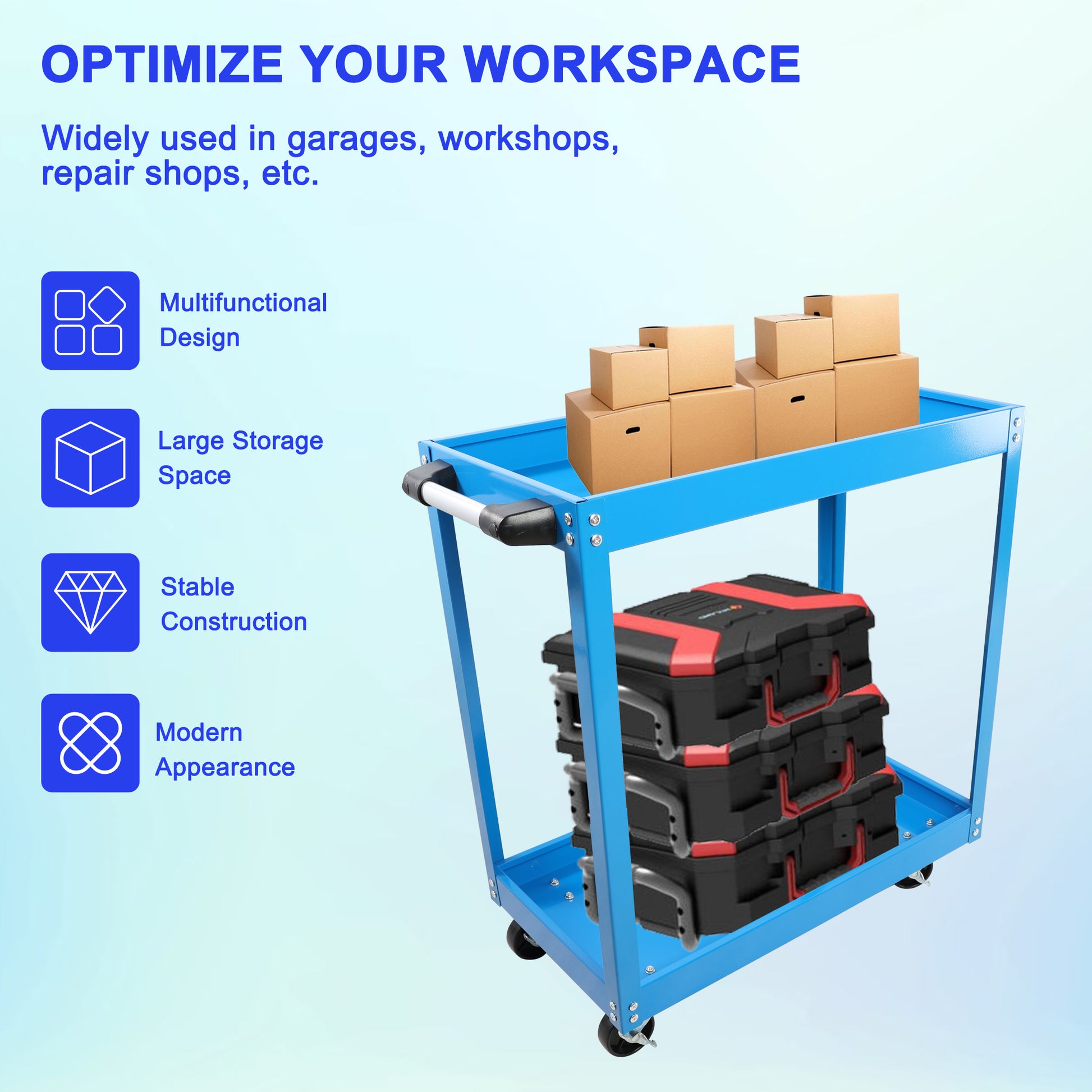 Blue metal tool cart with stacked black and red toolboxes and cardboard boxes