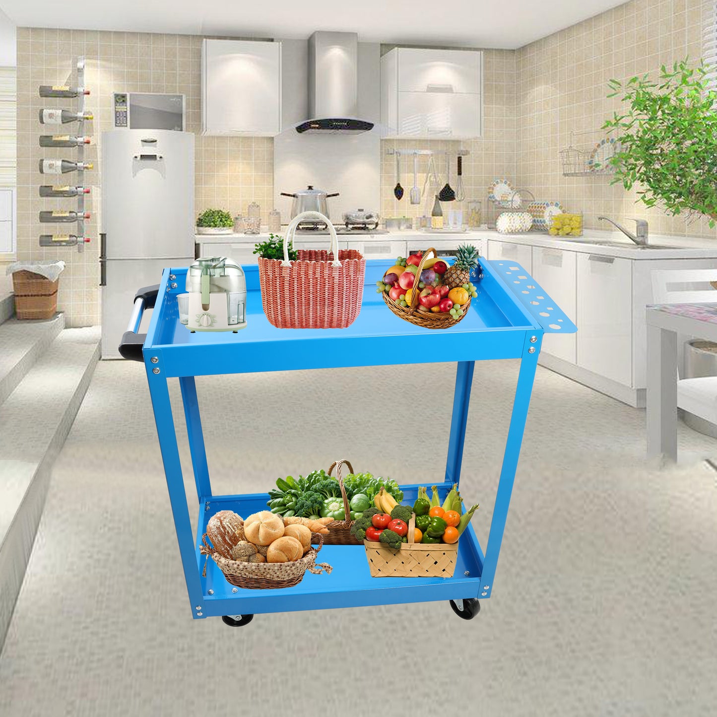 Blue metal utility cart with wheels loaded with fresh produce in baskets