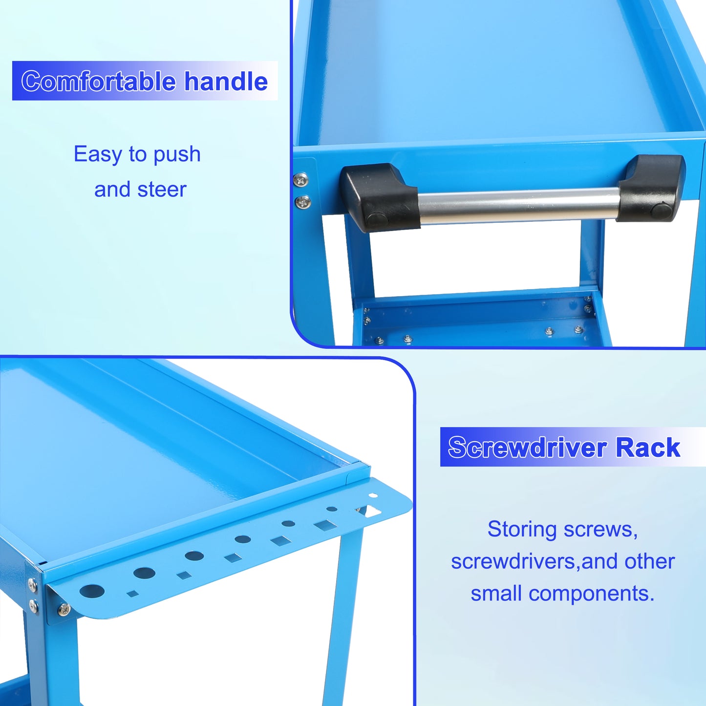 Blue steel rolling cart with comfortable handle for easy steering