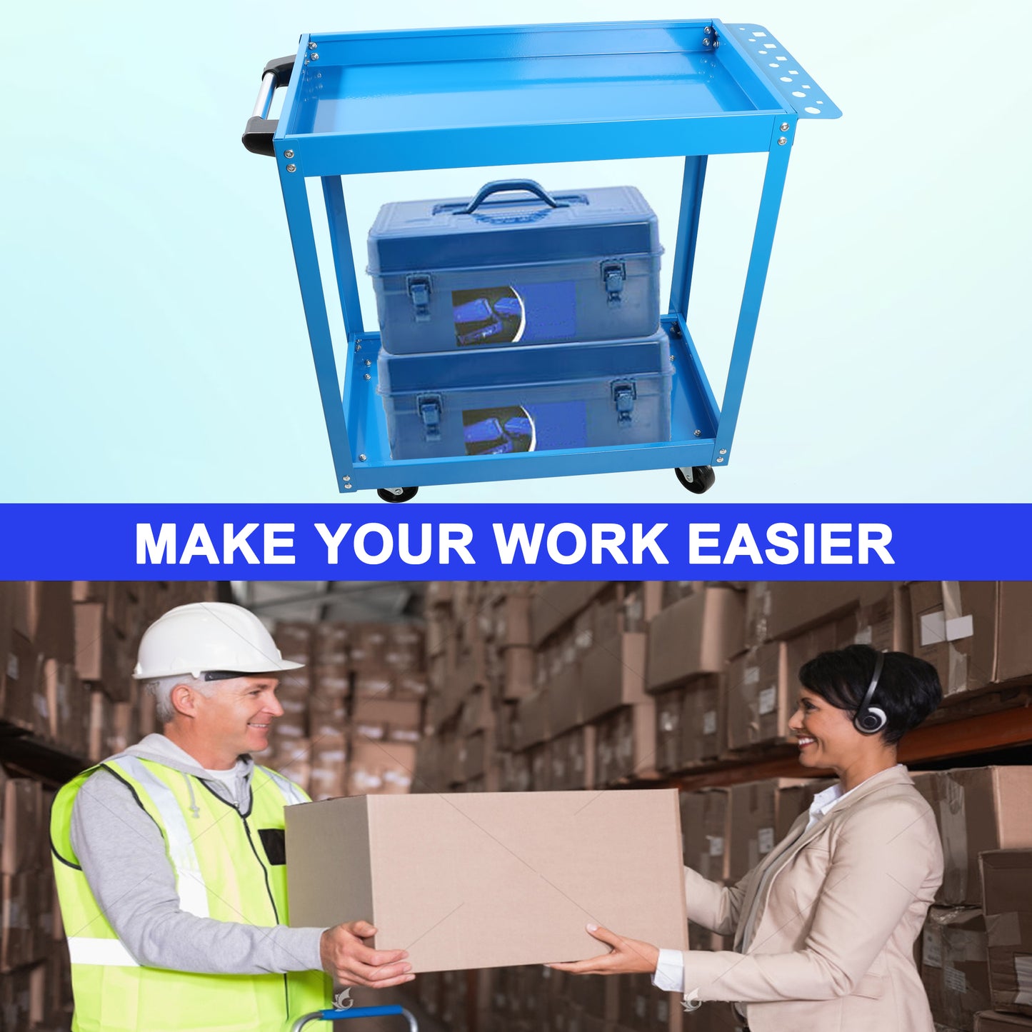Blue metal tool cart with two blue toolboxes stacked on the lower shelf