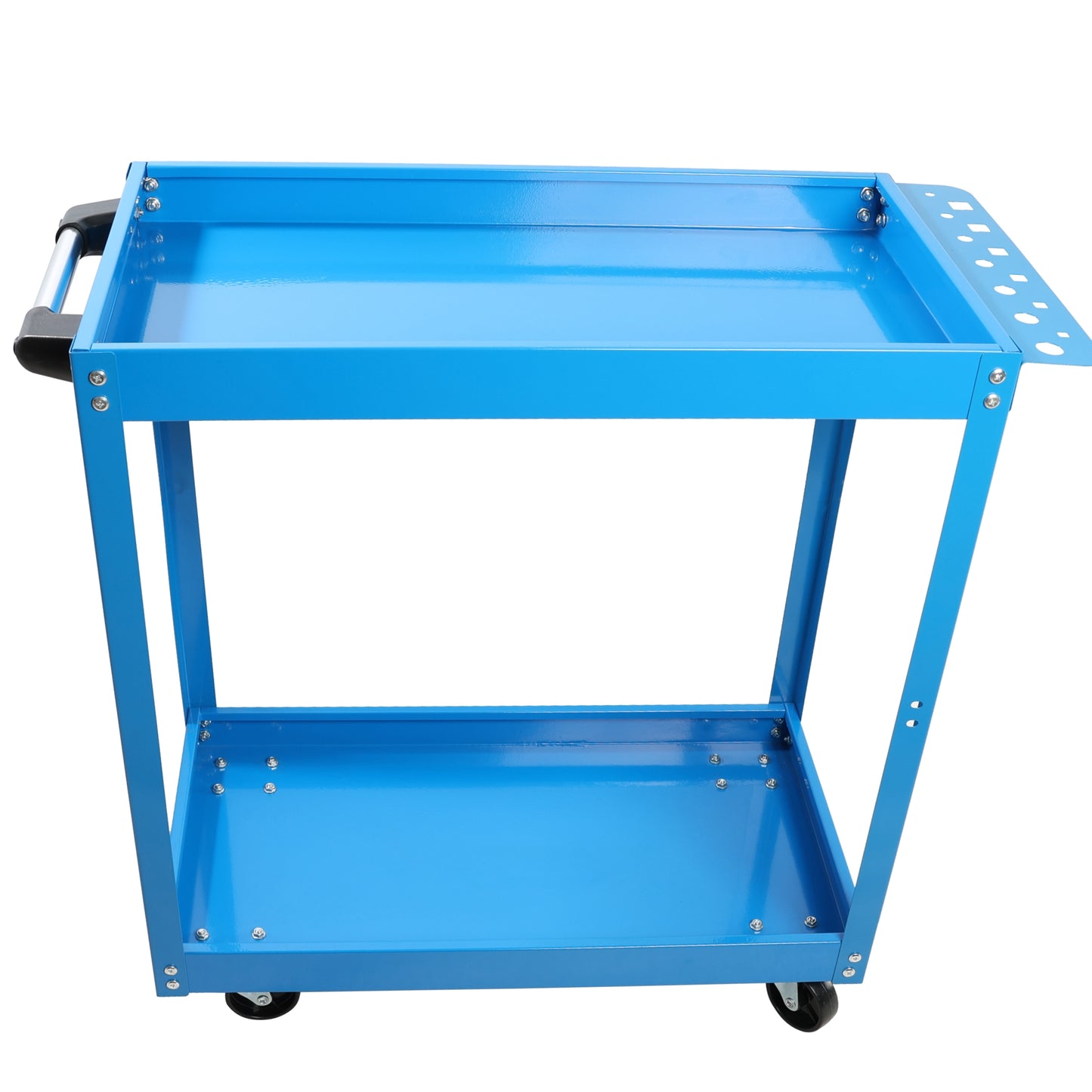 Bright blue metal tool cart with two shelves and caster wheels ideal for workshop organization