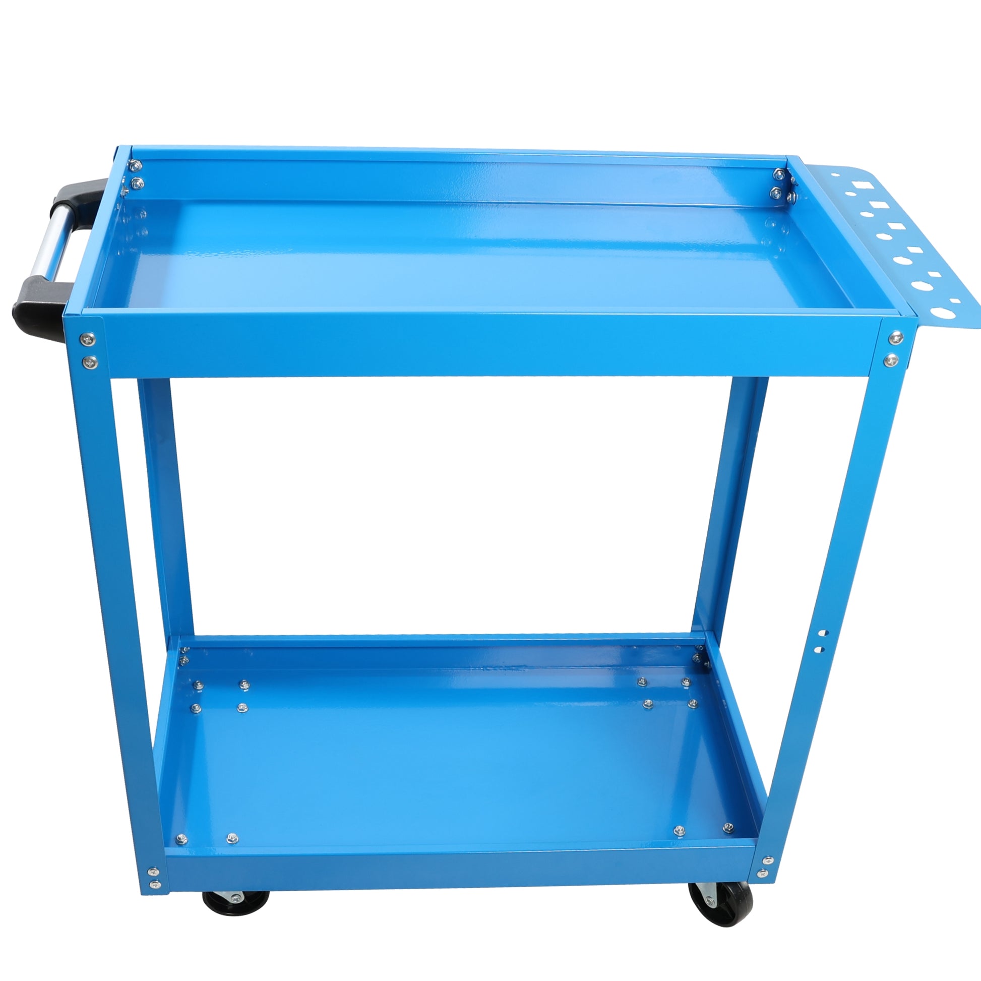 Bright blue metal tool cart with two shelves and caster wheels ideal for workshop organization