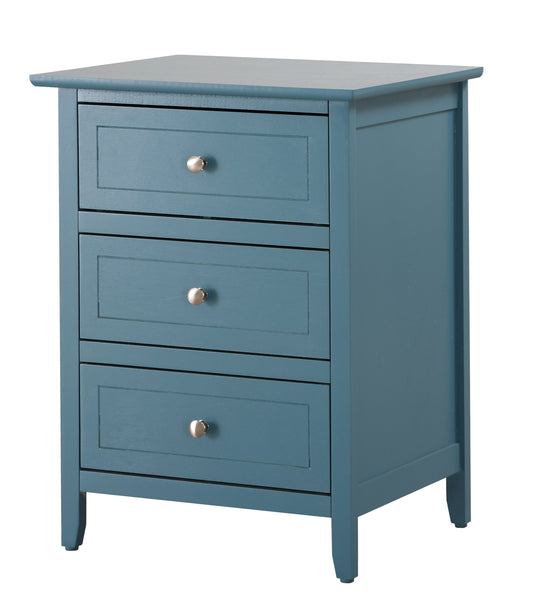Blue wooden bedside table with three drawers and brushed nickel knobs