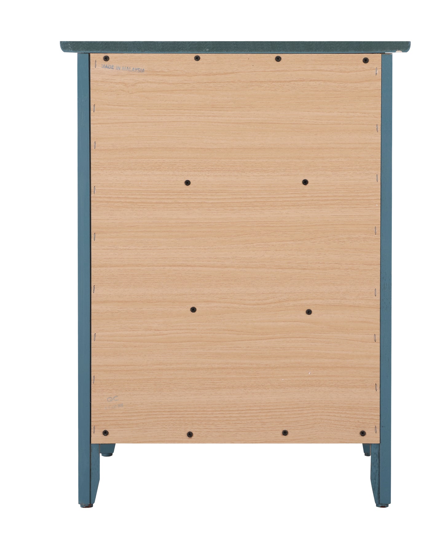 Back view of teal wooden dresser showing particle board panel and metal hardware
